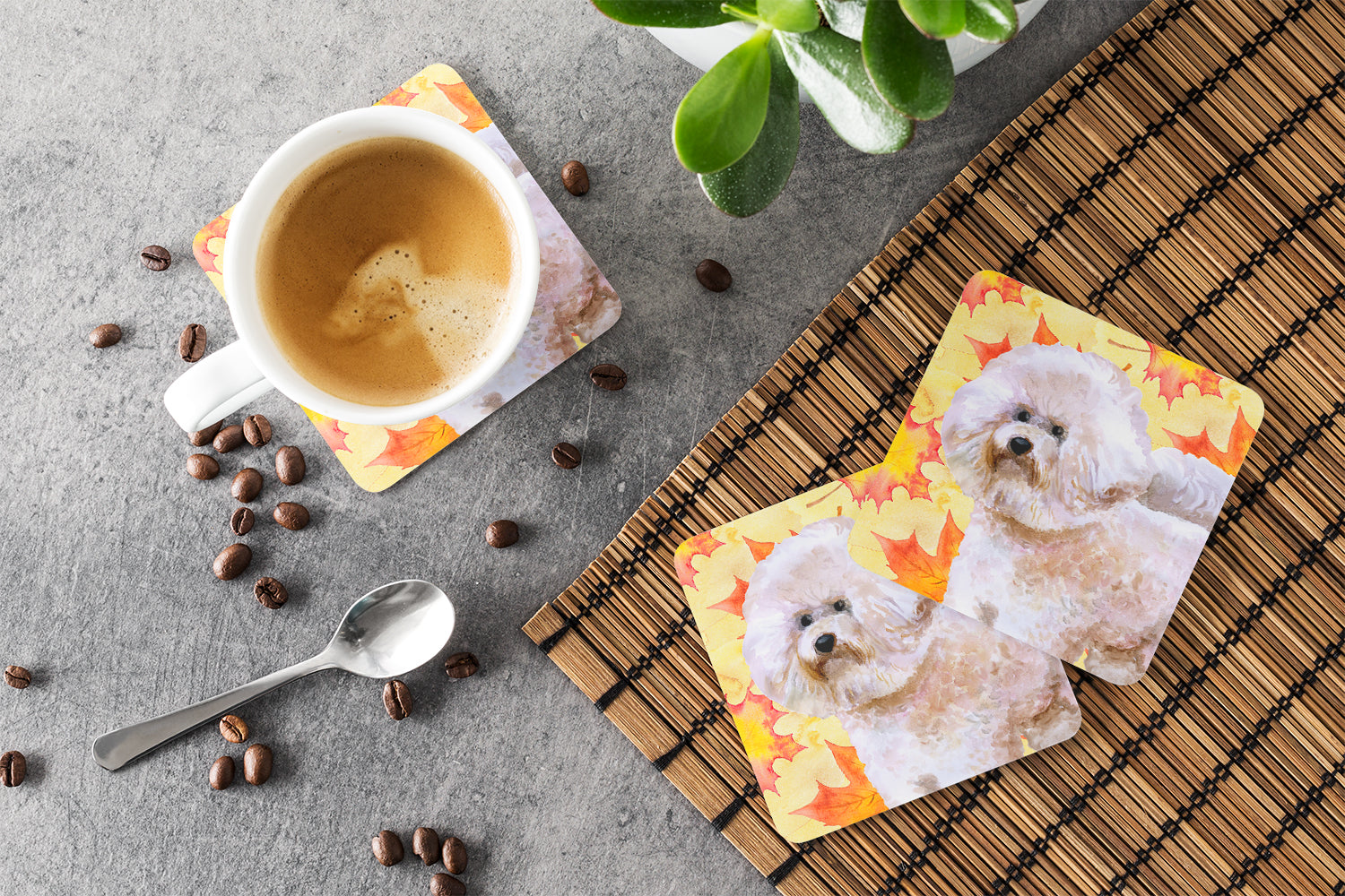 Bichon Frise #2 Fall Foam Coasters Set of 4 Cup Coasters for Indoor Outdoor, Tabletop Protection, Anti Slip, Mouse pad Material