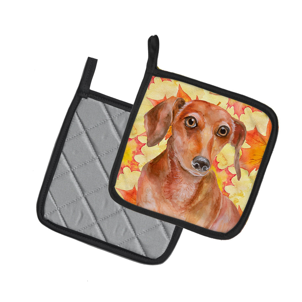 Red Dachshund Fall Pot Holder Set of 2 Heat Resistant Quilted Hot Pads 7.5 x 7.5 Inch, Insulated Kitchen Trivets for Cooking & Baking