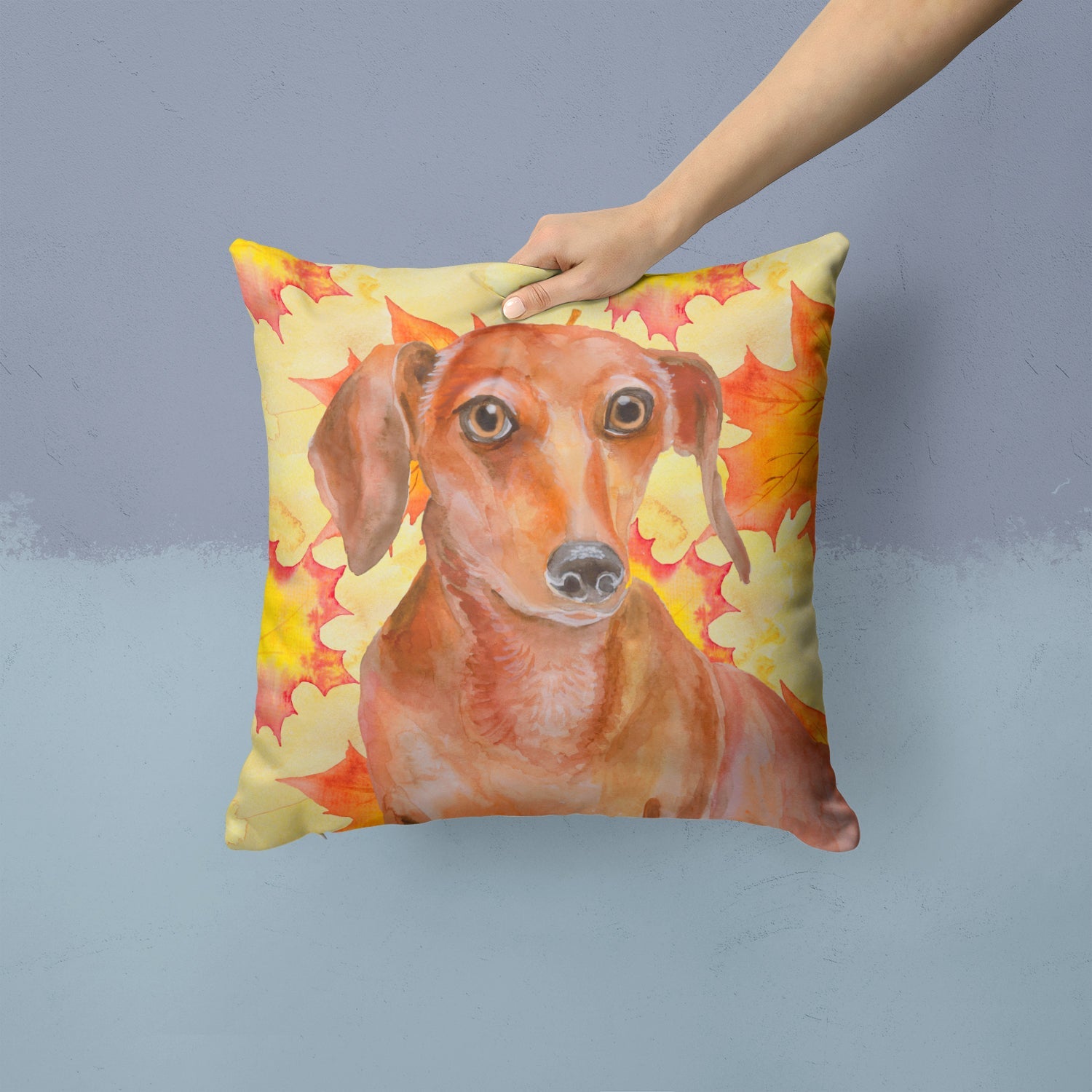Red Dachshund Fall Decorative Throw Pillow 14x14 Indoor Outdoor Accent Cushion, Fabric Cover with Insert for Sofa, Bed, Porch & Living Room