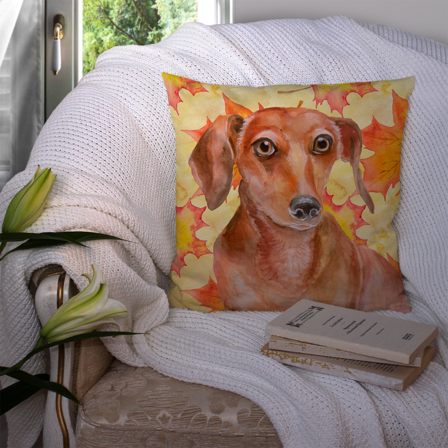 Red Dachshund Fall Decorative Throw Pillow 14x14 Indoor Outdoor Accent Cushion, Fabric Cover with Insert for Sofa, Bed, Porch & Living Room