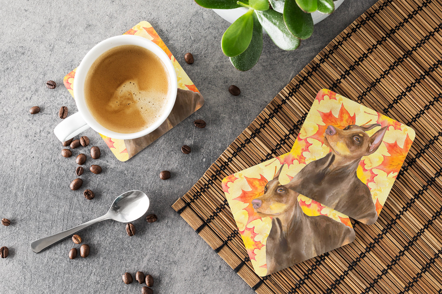 Doberman Pinscher Fall Foam Coasters Set of 4 Cup Coasters for Indoor Outdoor, Tabletop Protection, Anti Slip, Mouse pad Material