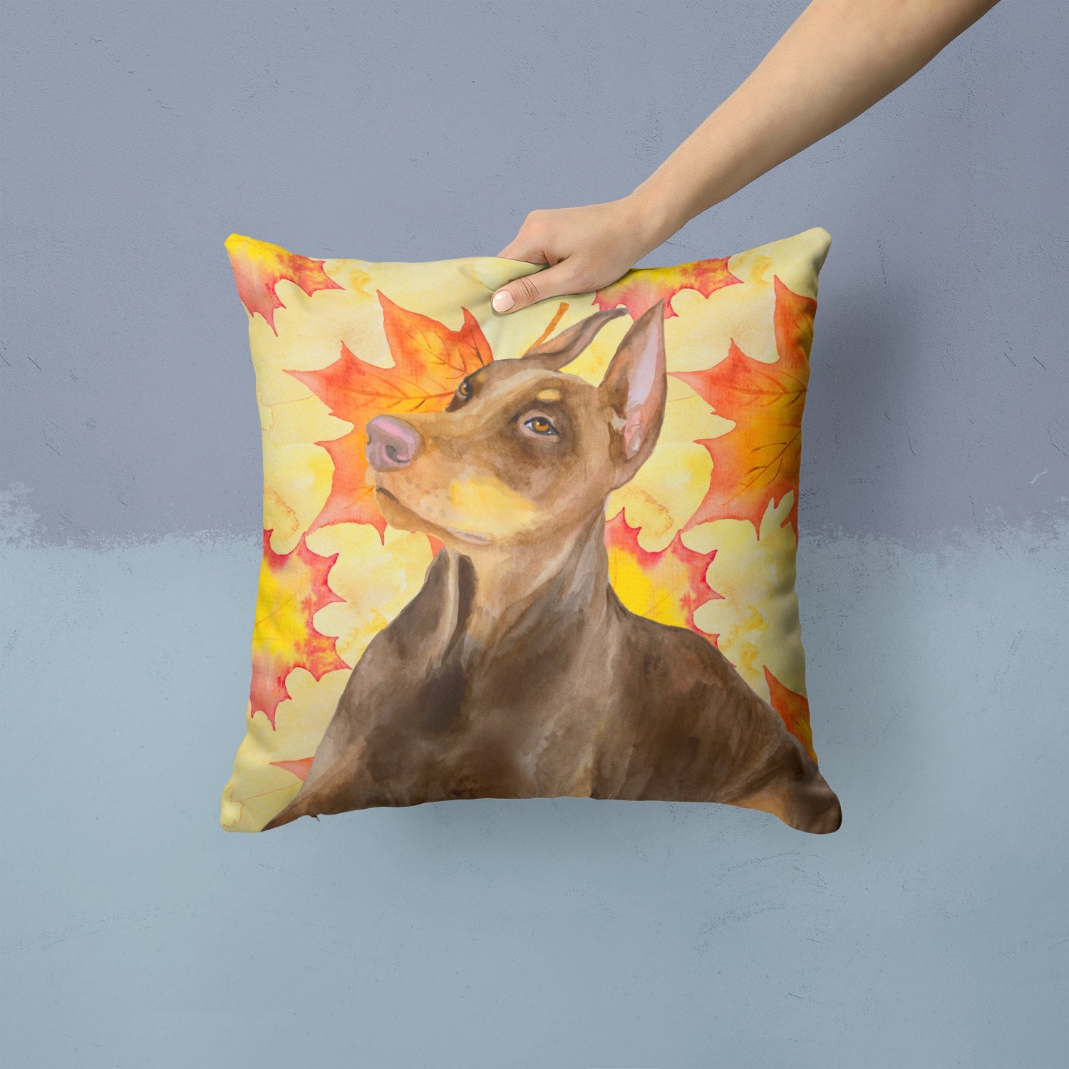 Doberman Pinscher Fall Decorative Throw Pillow 14x14 Indoor Outdoor Accent Cushion, Fabric Cover with Insert for Sofa, Bed, Porch & Living Room