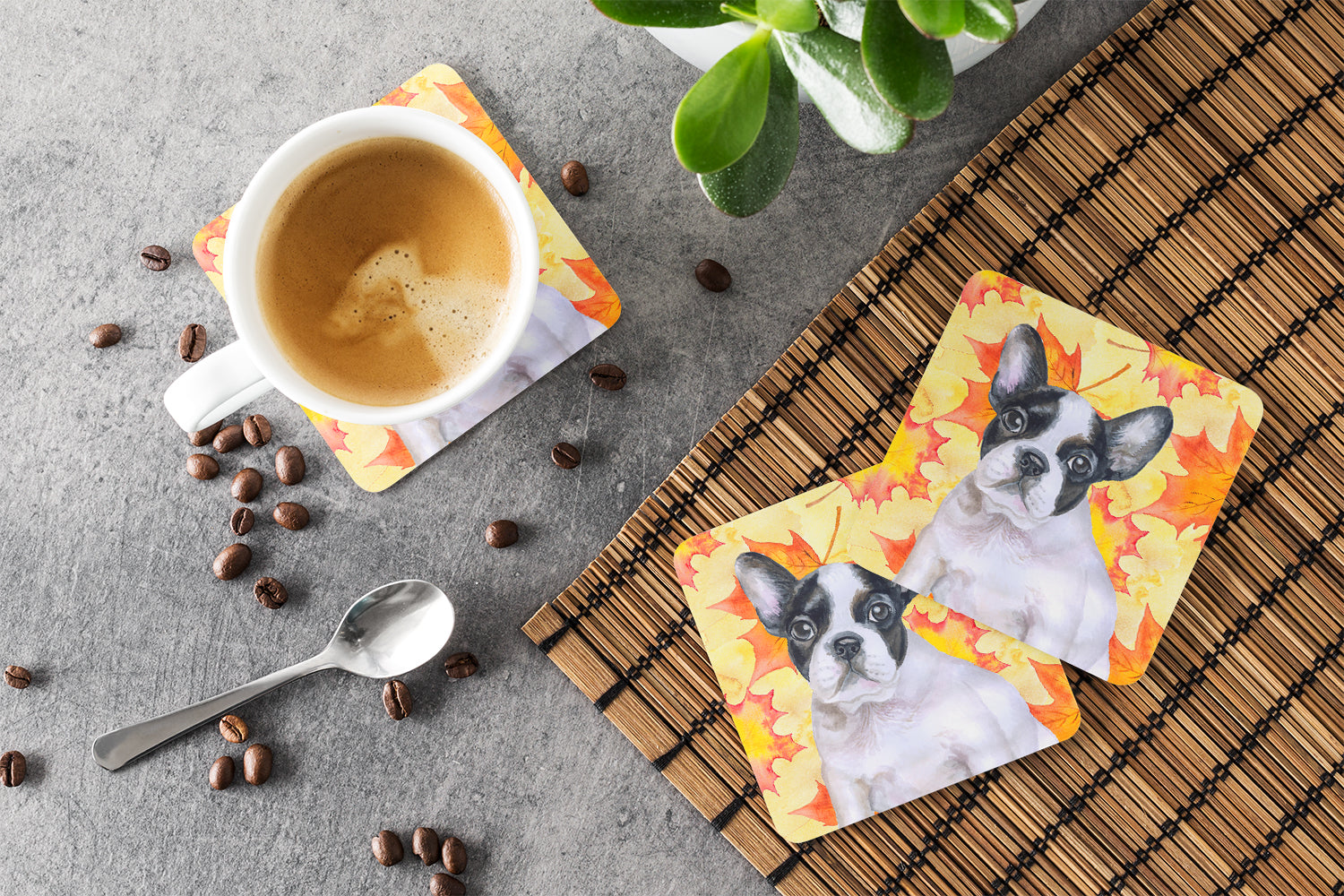 French Bulldog Black White Fall Foam Coasters Set of 4 Cup Coasters for Indoor Outdoor, Tabletop Protection, Anti Slip, Mouse pad Material
