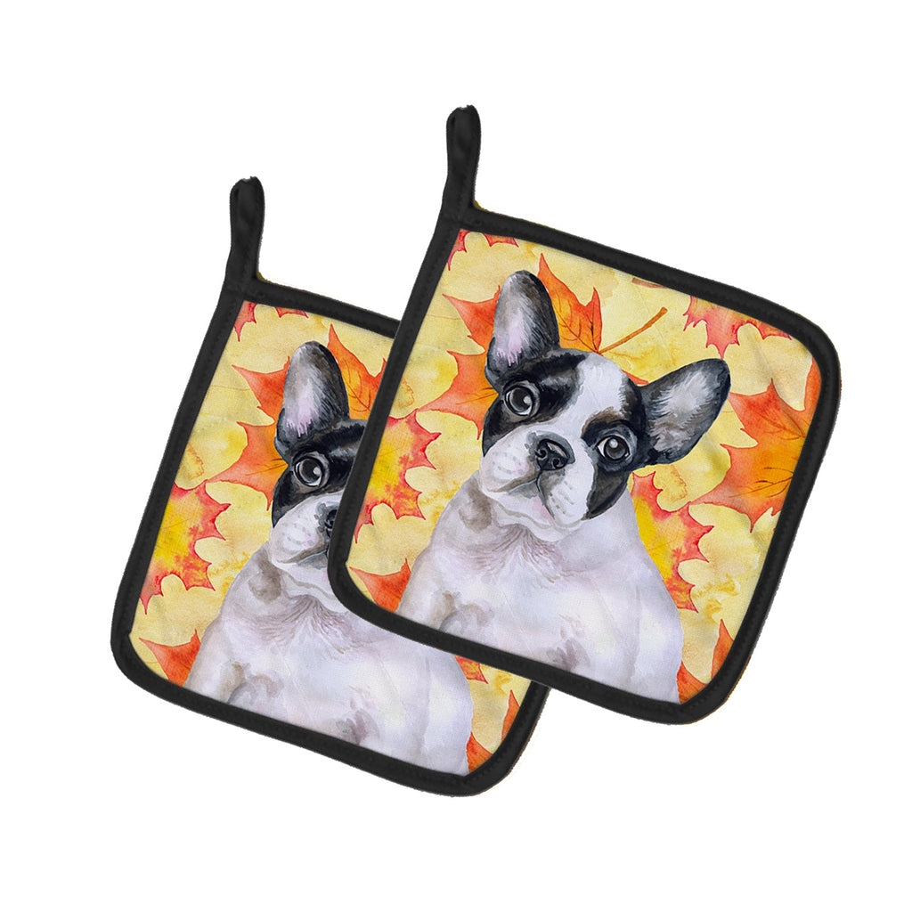 French Bulldog Black White Fall Pot Holder Set of 2 Heat Resistant Quilted Hot Pads 7.5 x 7.5 Inch, Insulated Kitchen Trivets for Cooking & Baking