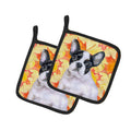 French Bulldog Black White Fall Pot Holder Set of 2 Heat Resistant Quilted Hot Pads 7.5 x 7.5 Inch, Insulated Kitchen Trivets for Cooking & Baking