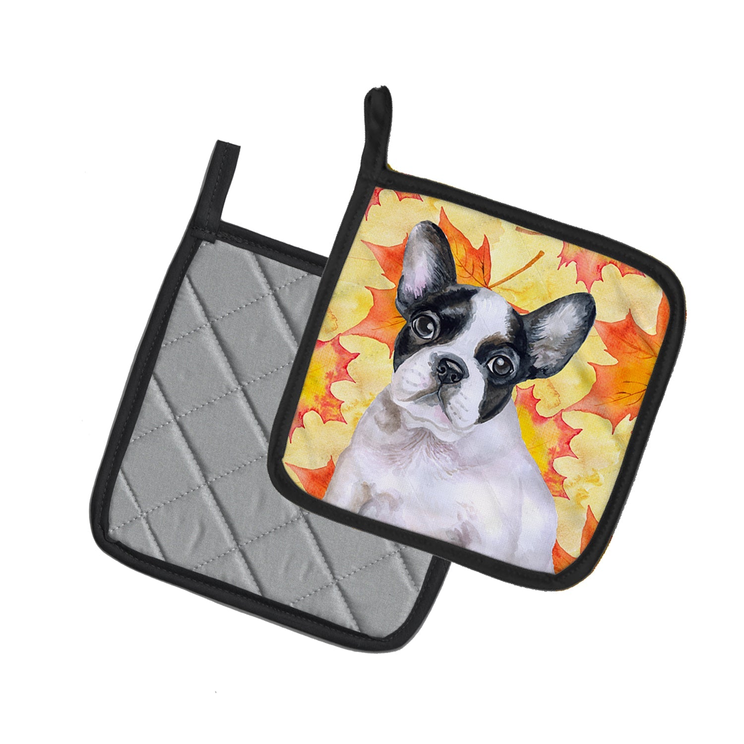 French Bulldog Black White Fall Pot Holder Set of 2 Heat Resistant Quilted Hot Pads 7.5 x 7.5 Inch, Insulated Kitchen Trivets for Cooking & Baking