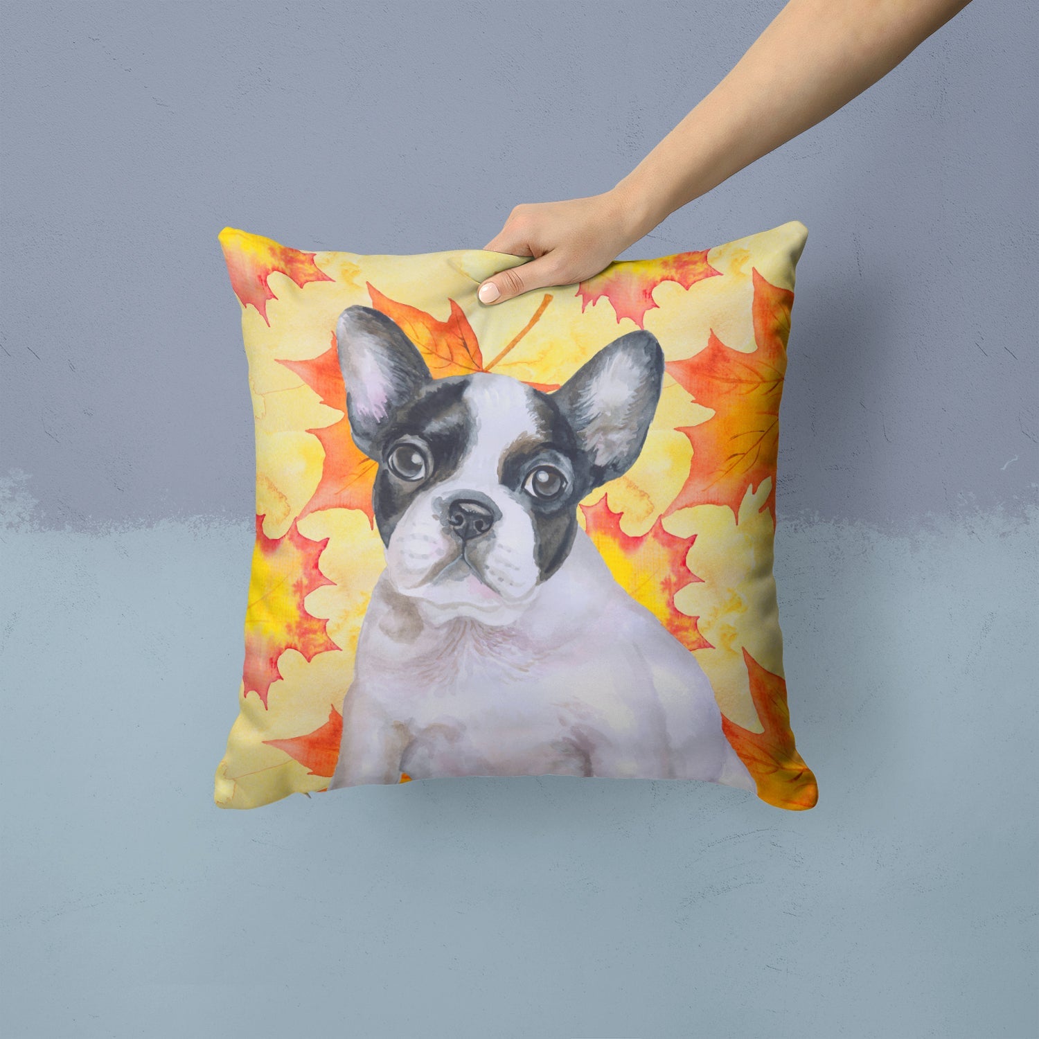 French Bulldog Black White Fall Decorative Throw Pillow 14x14 Indoor Outdoor Accent Cushion, Fabric Cover with Insert for Sofa, Bed, Porch & Living Room