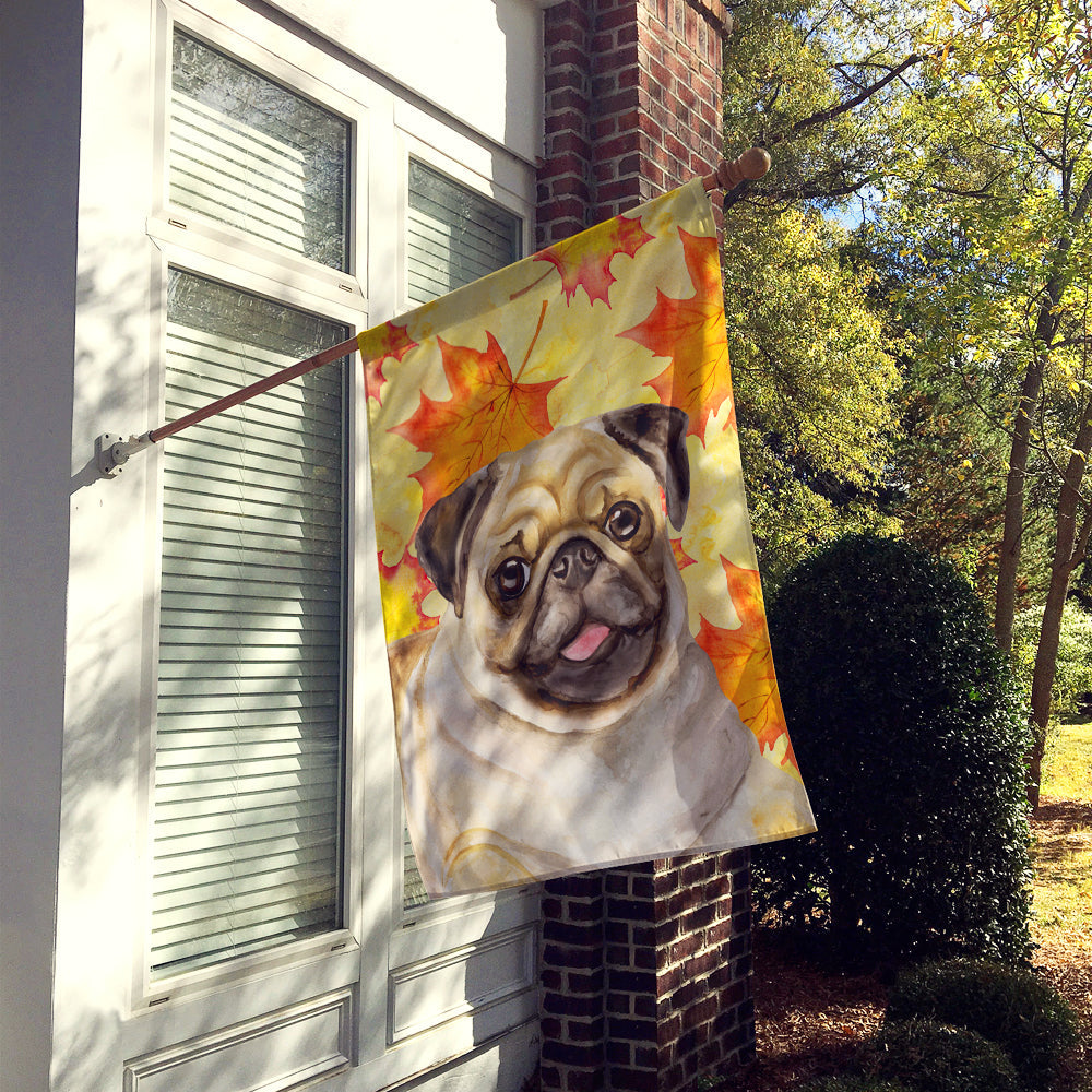 Fawn Pug Fall House Flag 28x40 Porch Sleeve Pole Decorative Outside Yard Banner Artwork Wall Hanging, Polyester