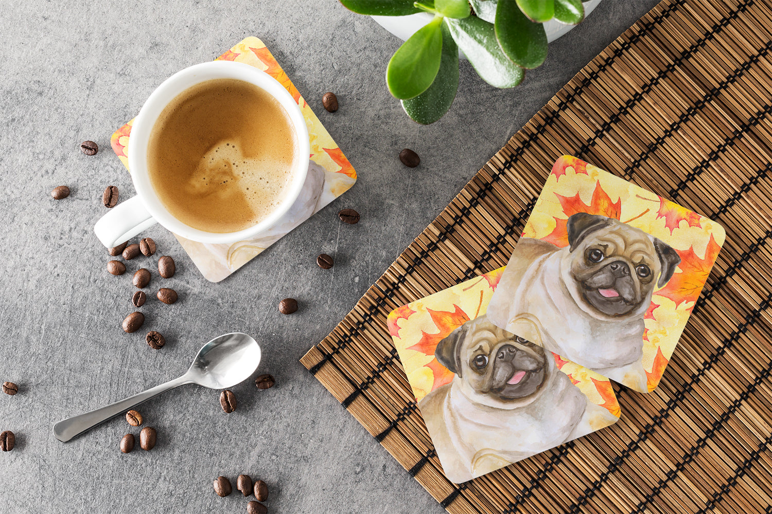 Fawn Pug Fall Foam Coasters Set of 4 Cup Coasters for Indoor Outdoor, Tabletop Protection, Anti Slip, Mouse pad Material