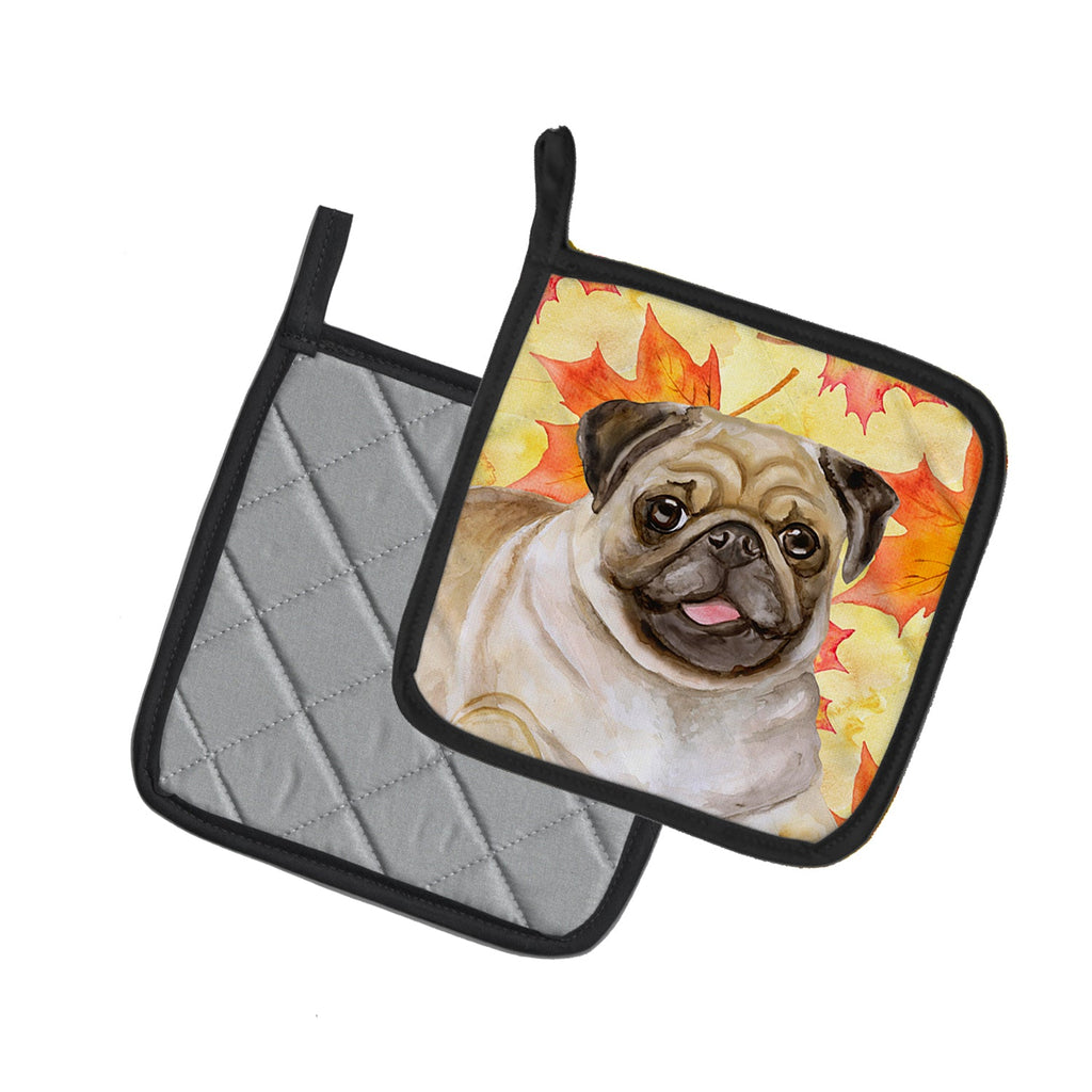 Fawn Pug Fall Pot Holder Set of 2 Heat Resistant Quilted Hot Pads 7.5 x 7.5 Inch, Insulated Kitchen Trivets for Cooking & Baking