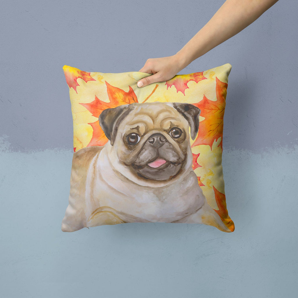 Fawn Pug Fall Decorative Throw Pillow 14x14 Indoor Outdoor Accent Cushion, Fabric Cover with Insert for Sofa, Bed, Porch & Living Room