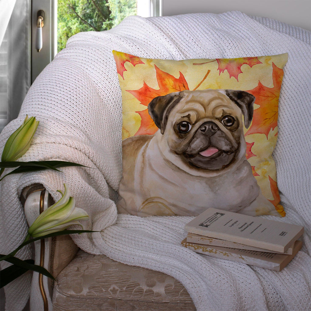 Fawn Pug Fall Decorative Throw Pillow 14x14 Indoor Outdoor Accent Cushion, Fabric Cover with Insert for Sofa, Bed, Porch & Living Room