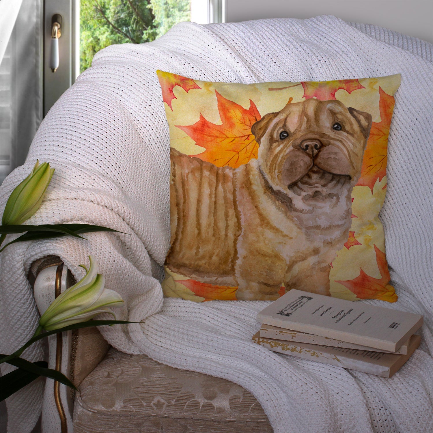 Shar Pei Puppy Fall Decorative Throw Pillow 14x14 Indoor Outdoor Accent Cushion, Fabric Cover with Insert for Sofa, Bed, Porch & Living Room