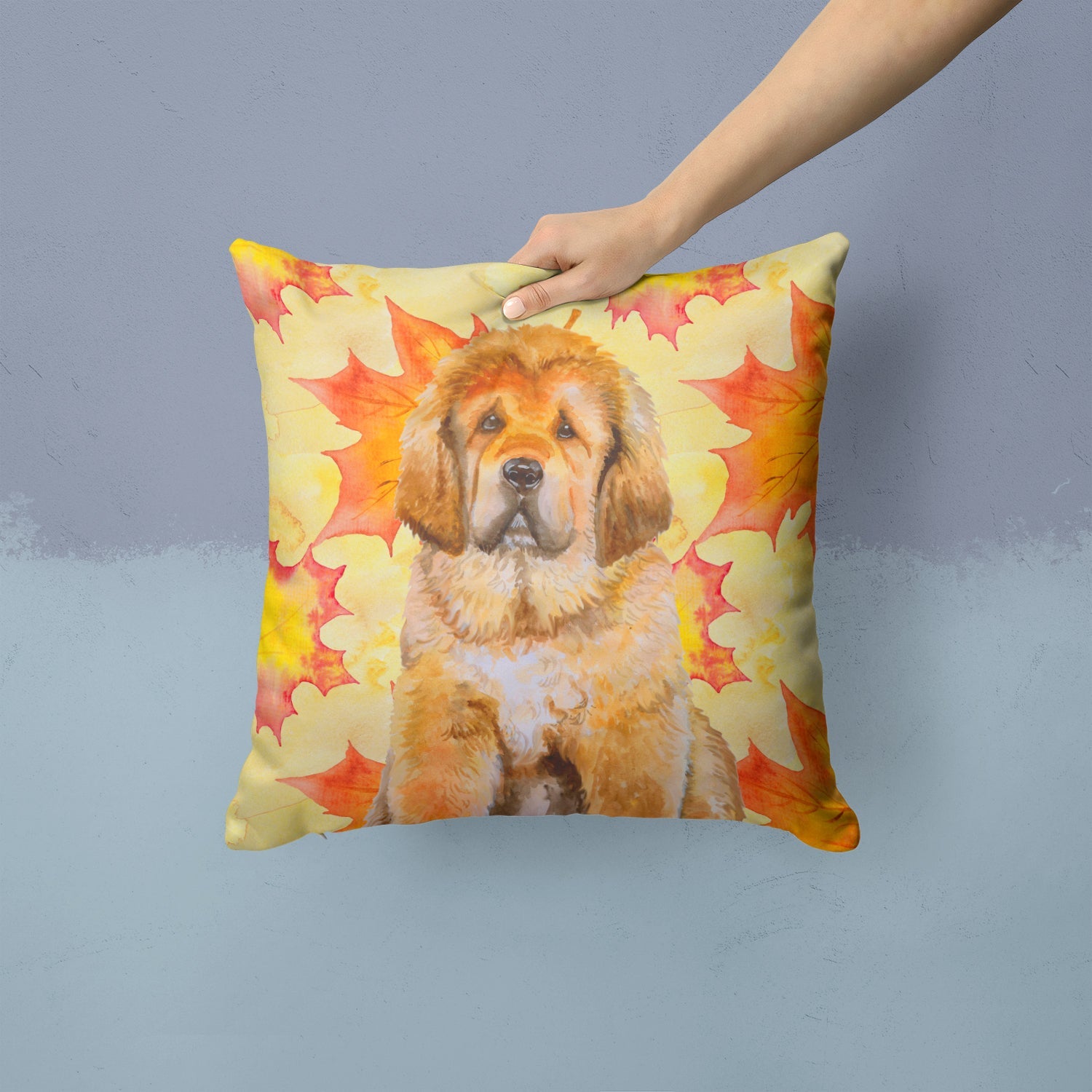 Tibetan Mastiff Fall Decorative Throw Pillow 14x14 Indoor Outdoor Accent Cushion, Fabric Cover with Insert for Sofa, Bed, Porch & Living Room