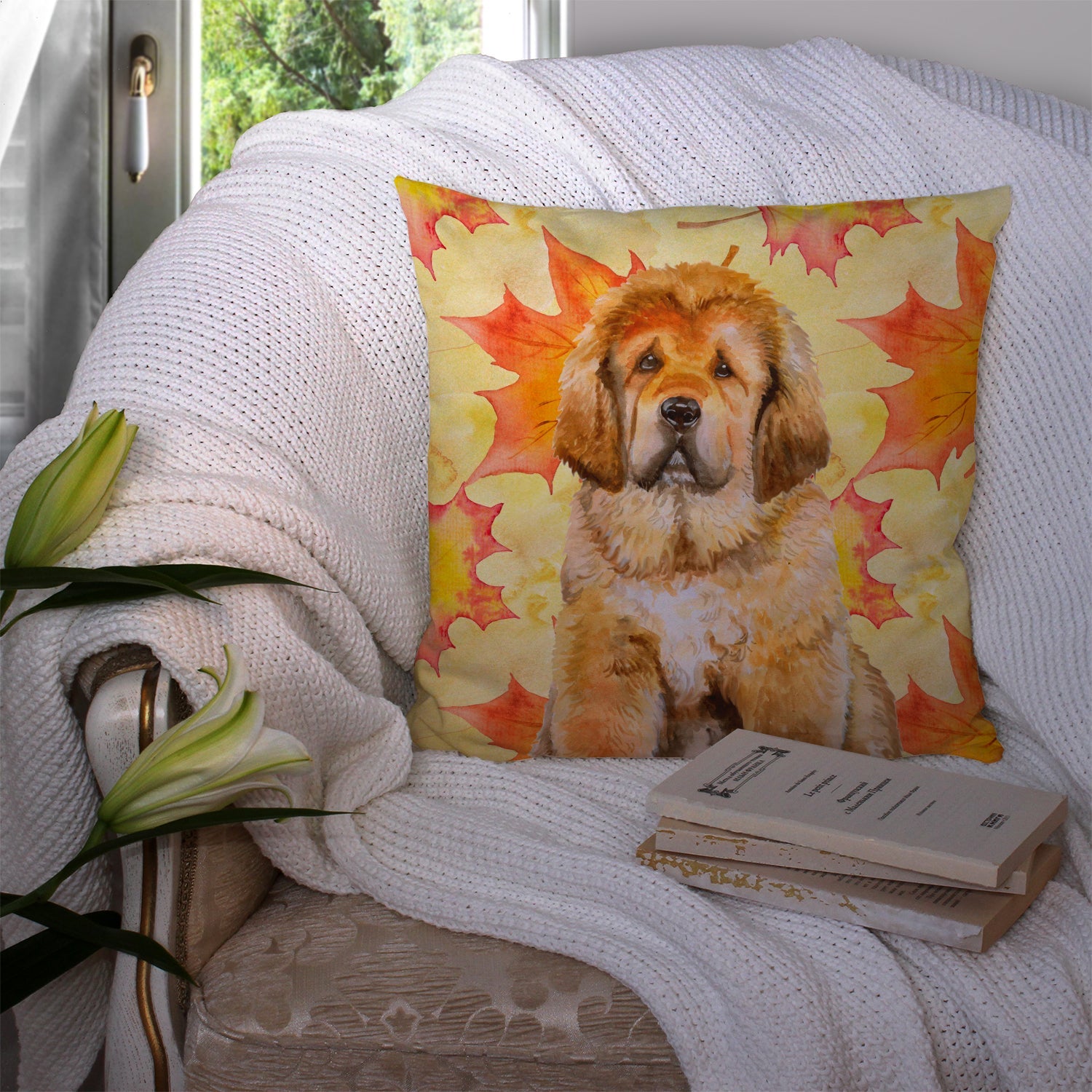 Tibetan Mastiff Fall Decorative Throw Pillow 14x14 Indoor Outdoor Accent Cushion, Fabric Cover with Insert for Sofa, Bed, Porch & Living Room