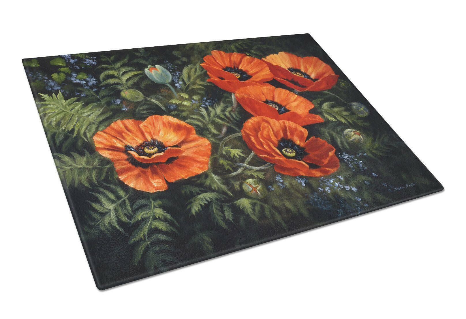 Poppies by Daphne Baxter Cutting Board Tempered Glass Kitchen Cutting Surface, Heat Resistant Chopping, Non-Slip Feet, Food Prep & Serving