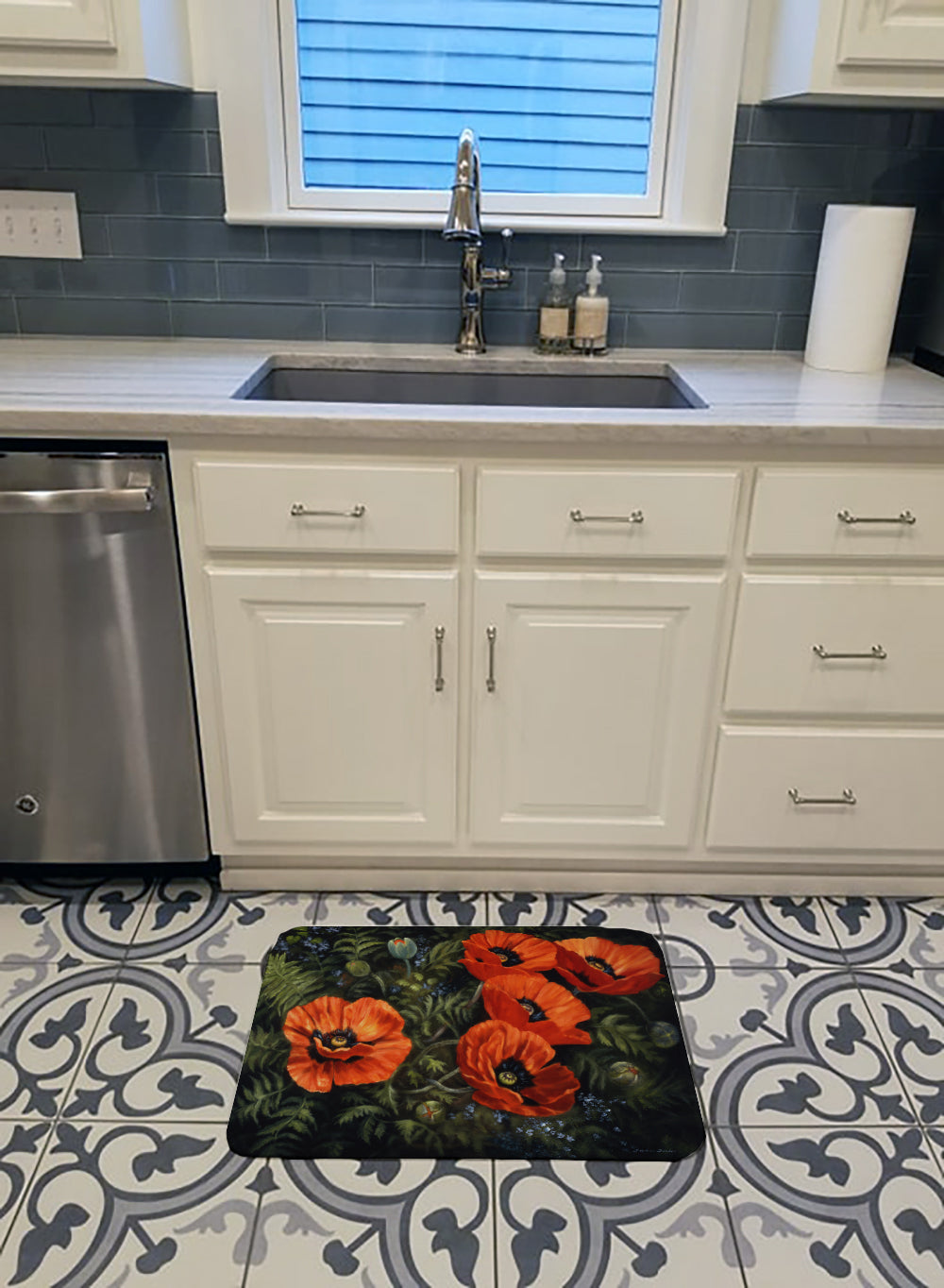 Poppies by Daphne Baxter Memory Foam Kitchen Mat Machine Washable Anti-Fatigue Cushion Comfort Bath or Kitchen Rug