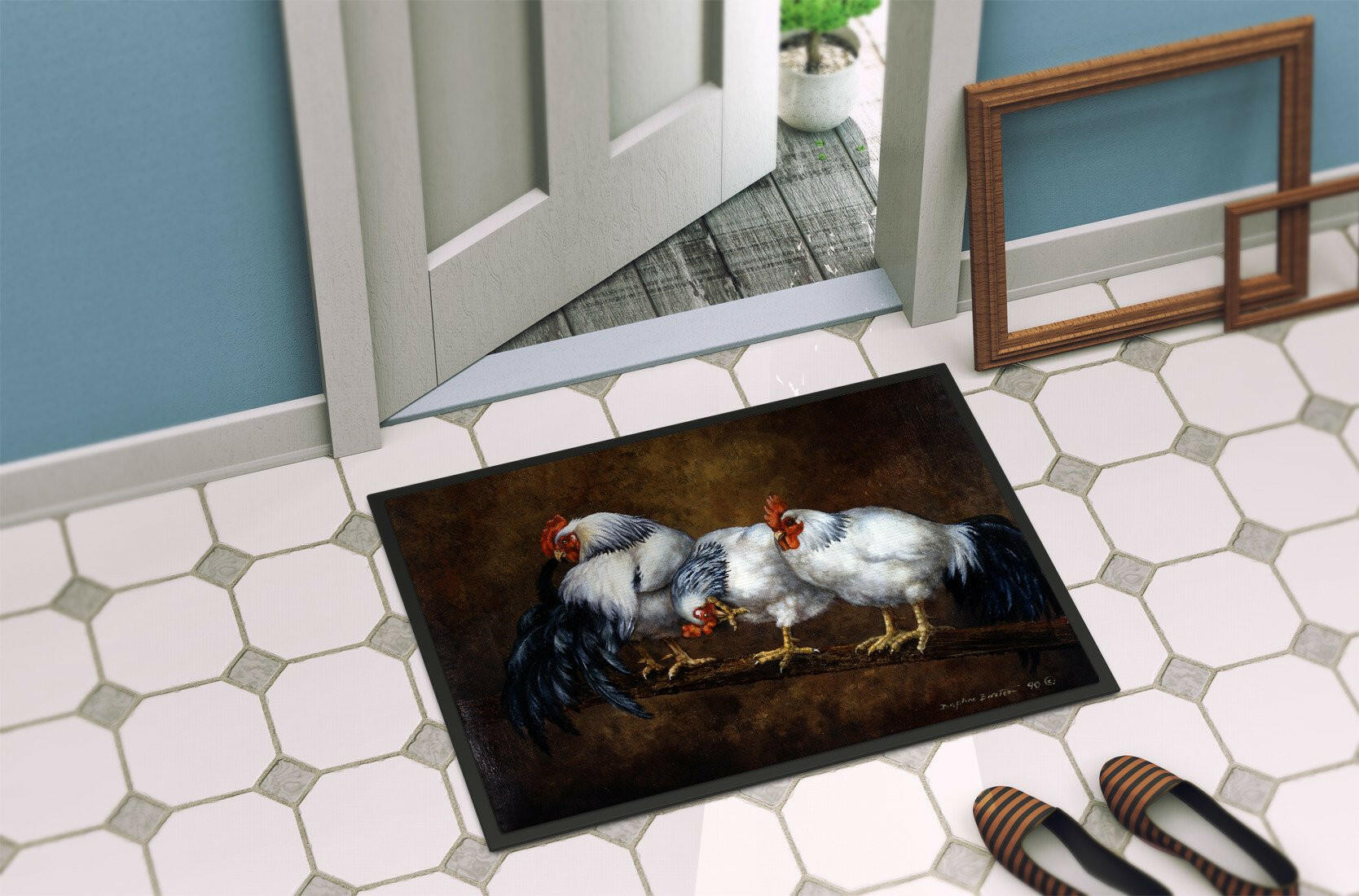 Roosting Rooster and Chickens Doormat Indoor Outdoor 24H X 36W Front Door Mat Rugs for Entryway, Non Slip Washable Low Pile,