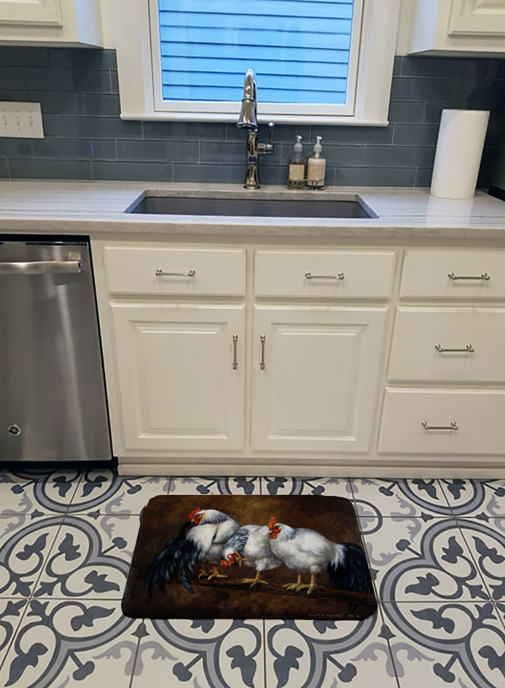 Roosting Rooster and Chickens Memory Foam Kitchen Mat Machine Washable Anti-Fatigue Cushion Comfort Bath or Kitchen Rug