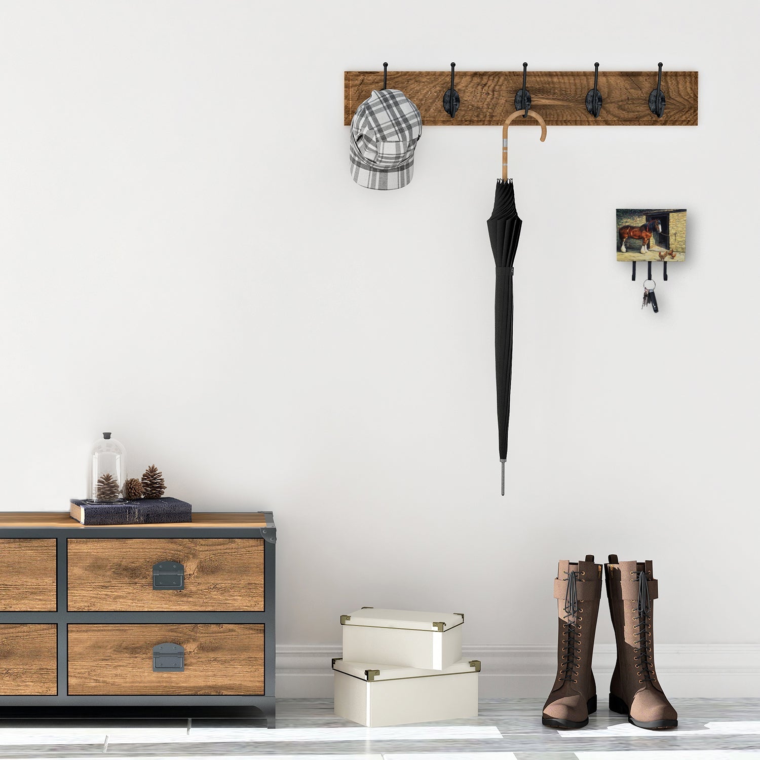 Horse and Chickens by Daphne Baxter Leash or Key Holder Wall Hooks, Coat Rack Wall Mount, for Hanging Keys, Towels, Aprons, Leashes