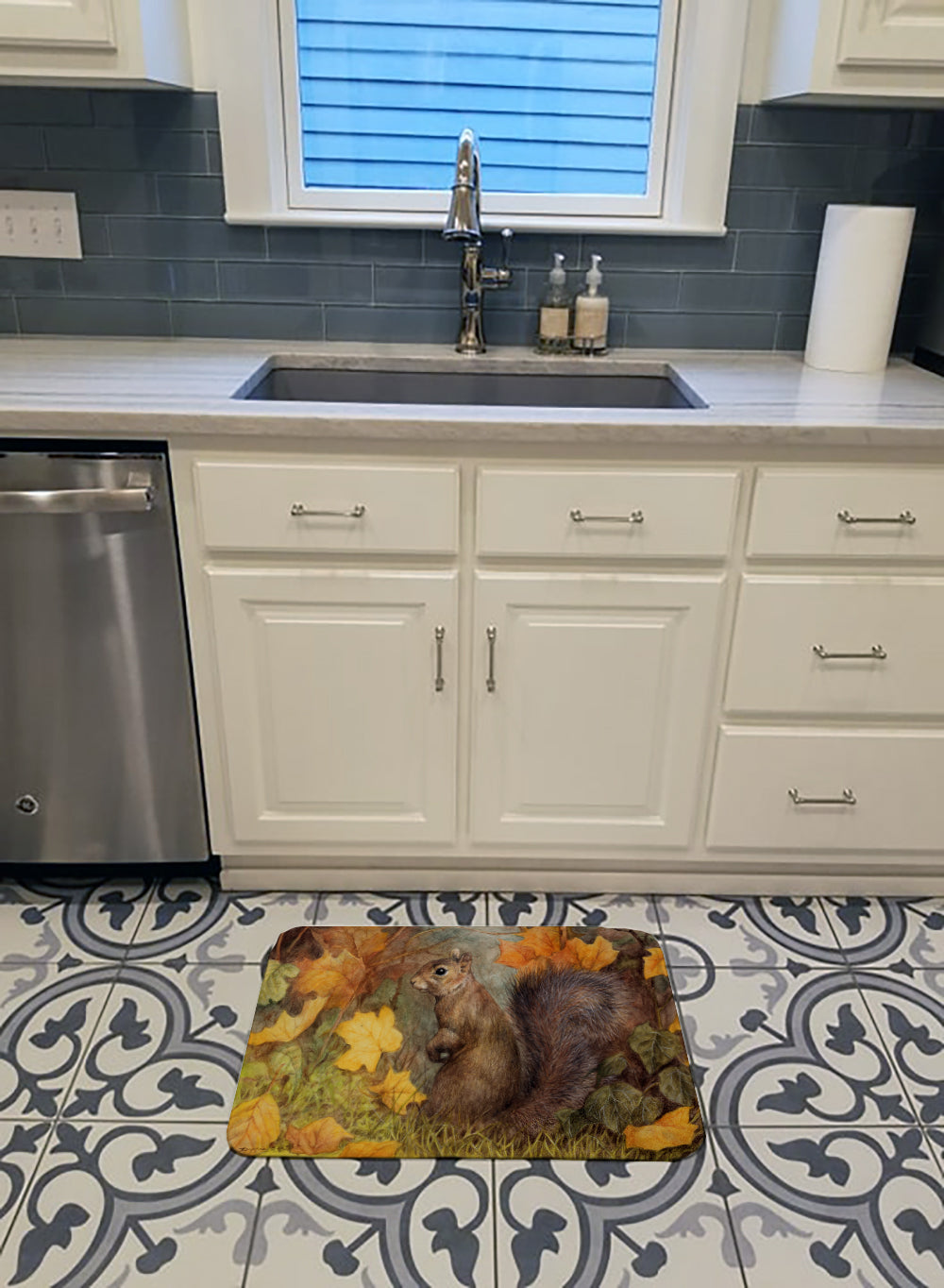 Grey Squirrel in Fall Leaves Memory Foam Kitchen Mat Machine Washable Anti-Fatigue Cushion Comfort Bath or Kitchen Rug