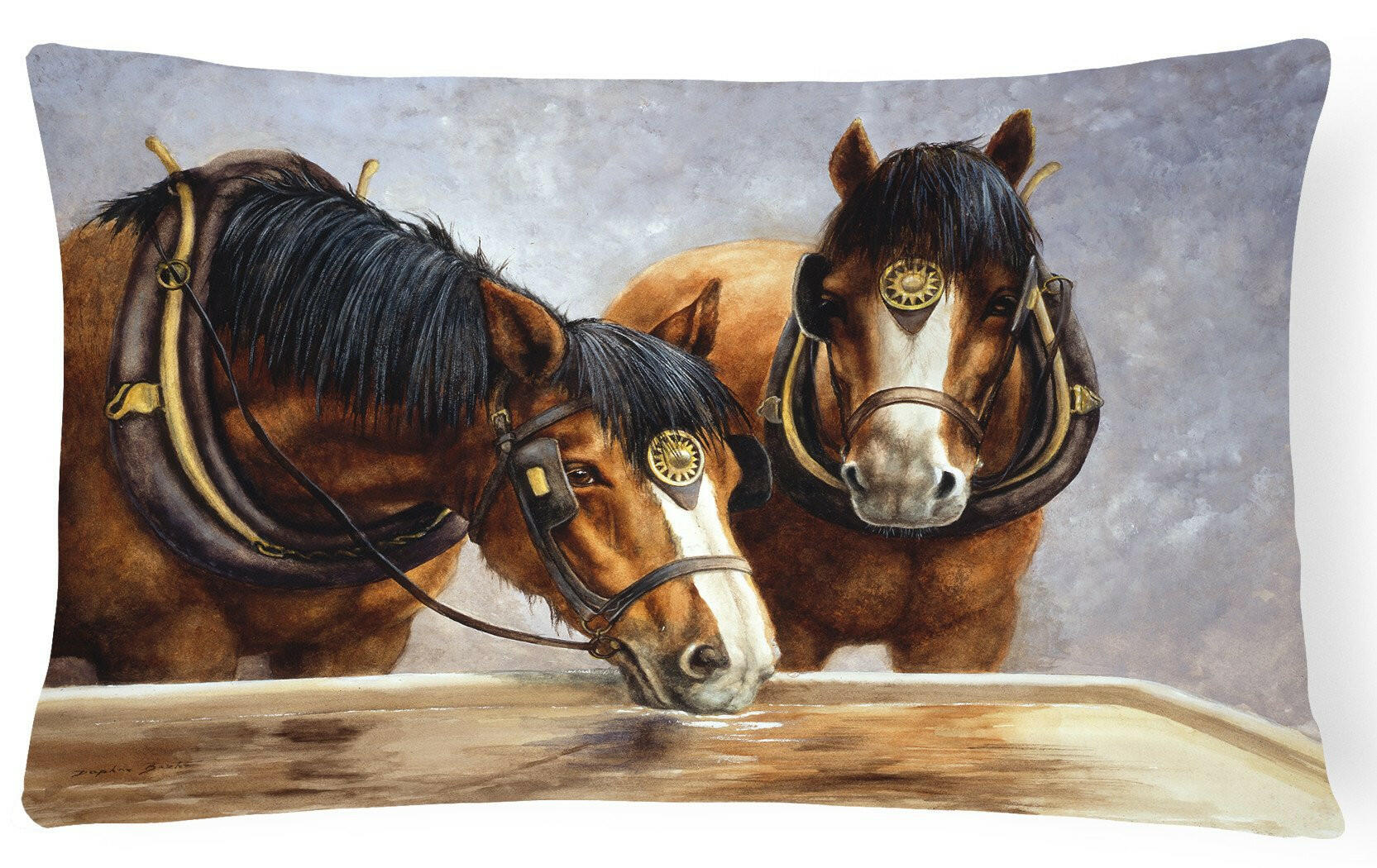 Horses Taking a Drink of Water Decorative Throw Pillow 12x16 Indoor Outdoor Accent Cushion, Fabric Cover with Insert for Sofa, Bed, Porch & Living Room