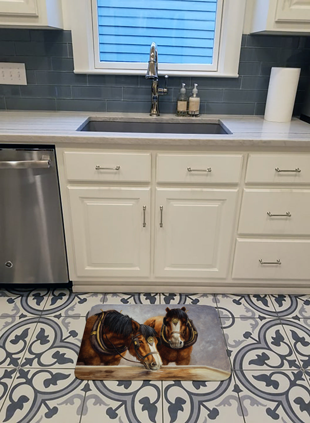 Horses Taking a Drink of Water Memory Foam Kitchen Mat Machine Washable Anti-Fatigue Cushion Comfort Bath or Kitchen Rug