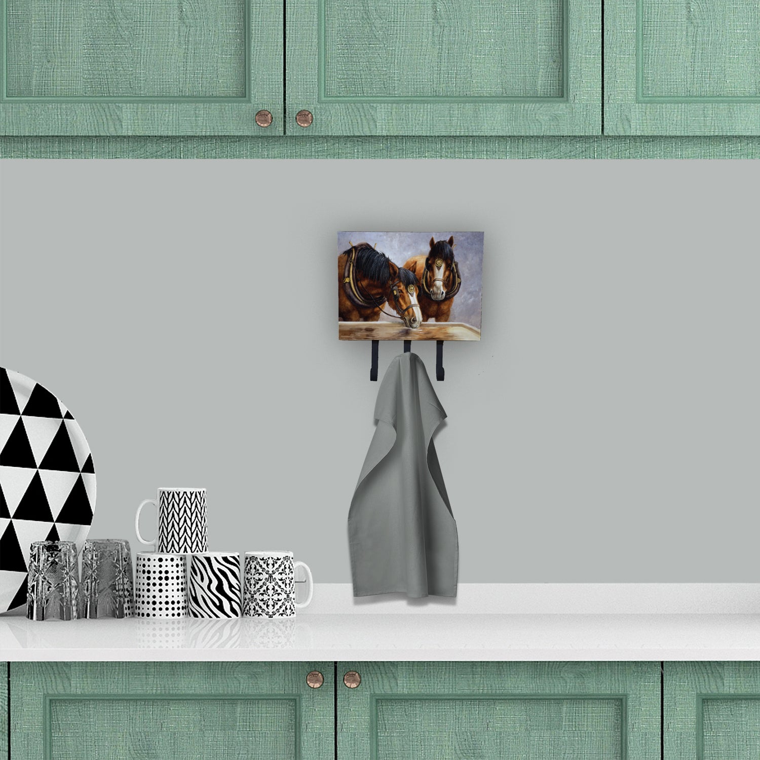 Horses Taking a Drink of Water Leash or Key Holder Wall Hooks, Coat Rack Wall Mount, for Hanging Keys, Towels, Aprons, Leashes