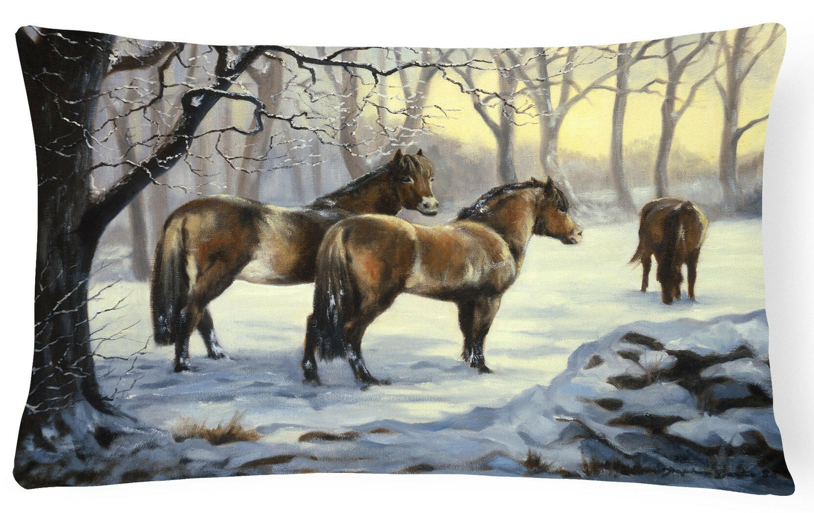 Horses in Snow by Daphne Baxter Decorative Throw Pillow 12x16 Indoor Outdoor Accent Cushion, Fabric Cover with Insert for Sofa, Bed, Porch & Living Room