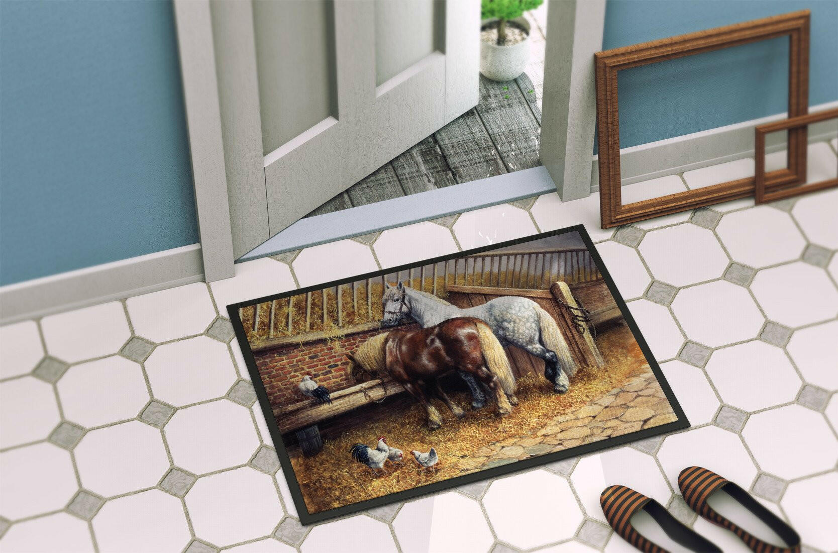 Horses Eating with the Chickens Doormat Indoor Outdoor 24H X 36W Front Door Mat Rugs for Entryway, Non Slip Washable Low Pile,