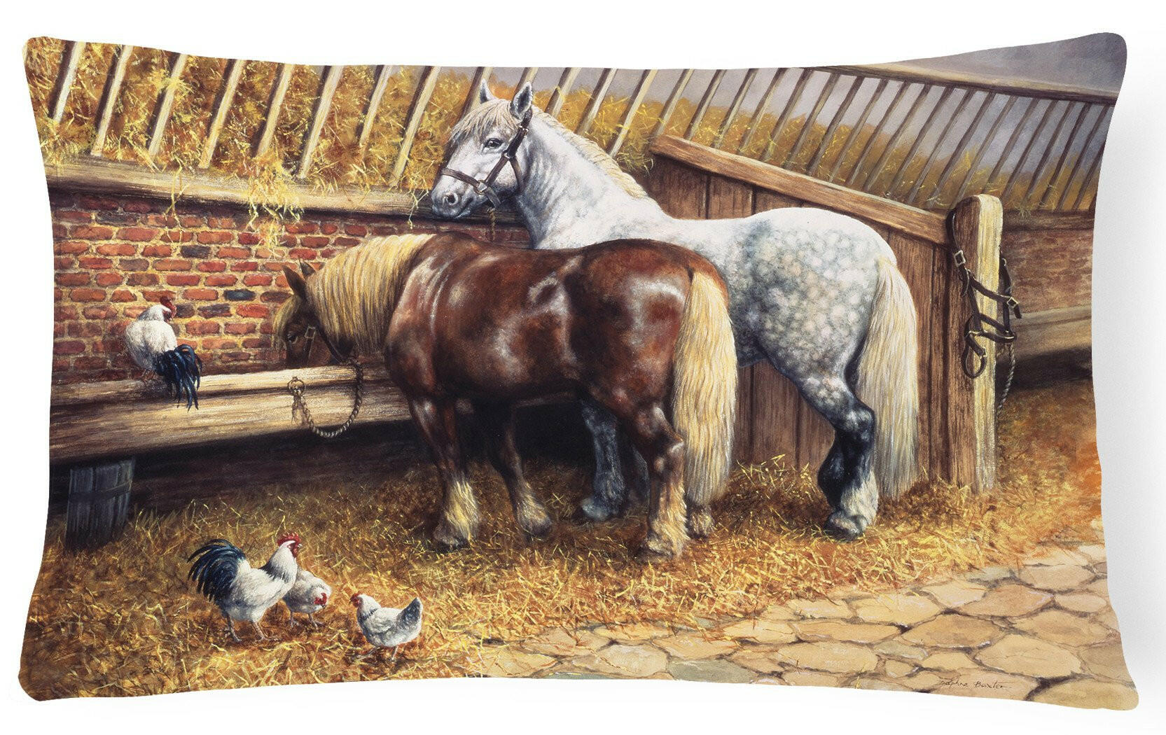 Horses Eating with the Chickens Decorative Throw Pillow 12x16 Indoor Outdoor Accent Cushion, Fabric Cover with Insert for Sofa, Bed, Porch & Living Room