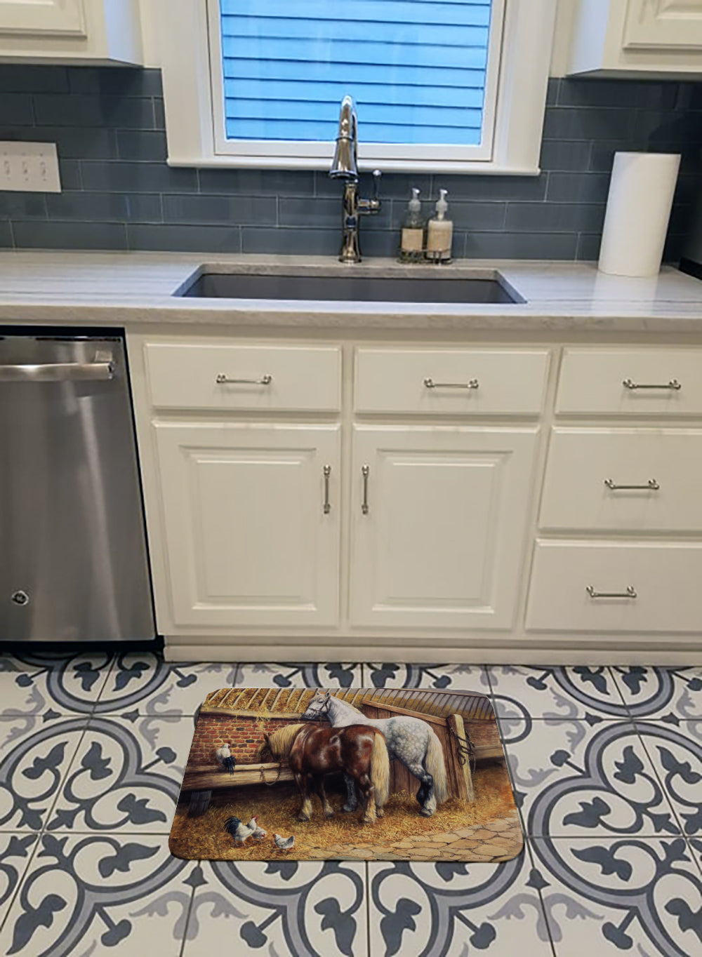 Horses Eating with the Chickens Memory Foam Kitchen Mat Machine Washable Anti-Fatigue Cushion Comfort Bath or Kitchen Rug