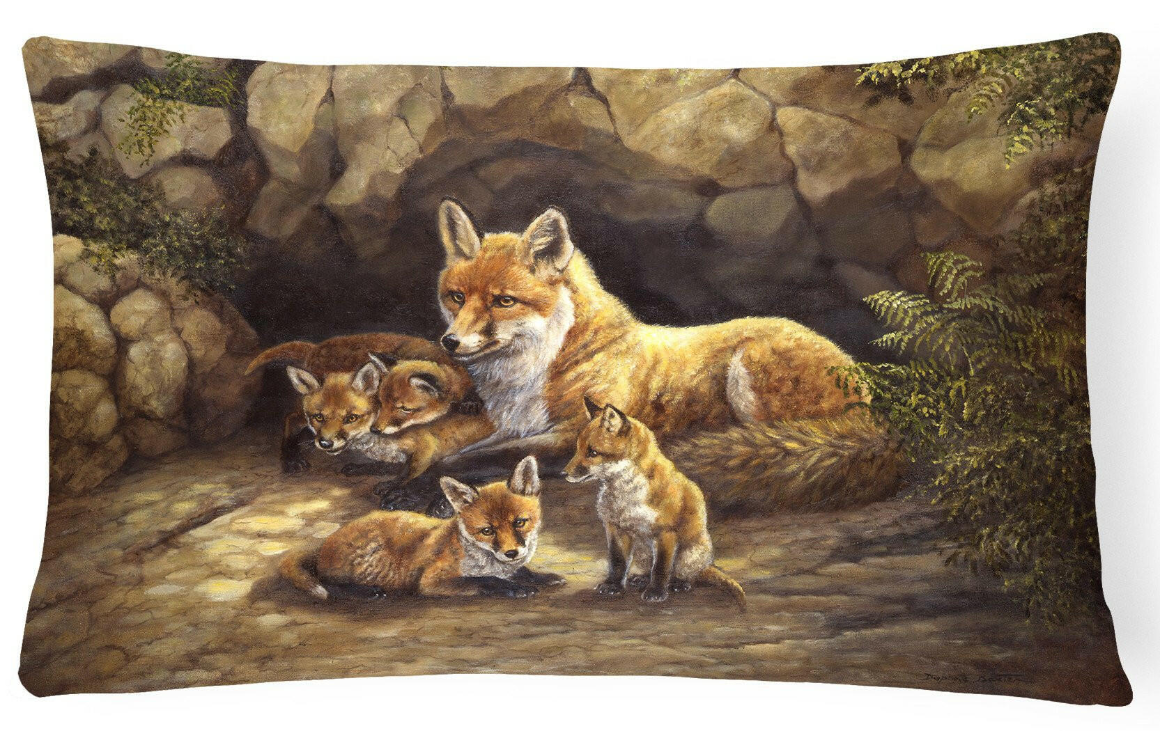 Fox Family Foxes by the Den Decorative Throw Pillow 12x16 Indoor Outdoor Accent Cushion, Fabric Cover with Insert for Sofa, Bed, Porch & Living Room