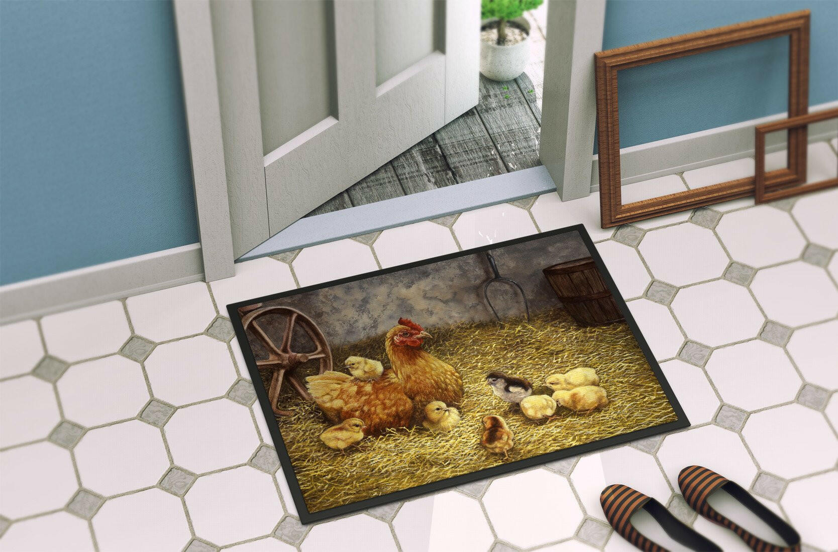 Chicken Hen and Her Chicks Doormat Indoor Outdoor 24H X 36W Front Door Mat Rugs for Entryway, Non Slip Washable Low Pile,