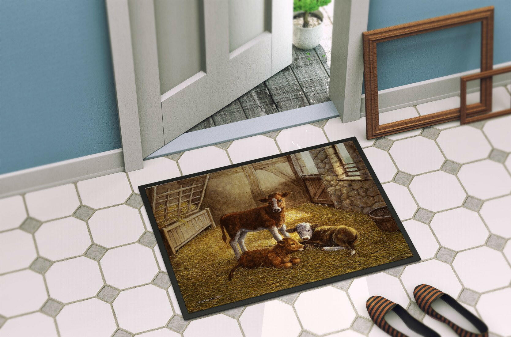 Cows Calves in the Barn Doormat Indoor Outdoor 24H X 36W Front Door Mat Rugs for Entryway, Non Slip Washable Low Pile,