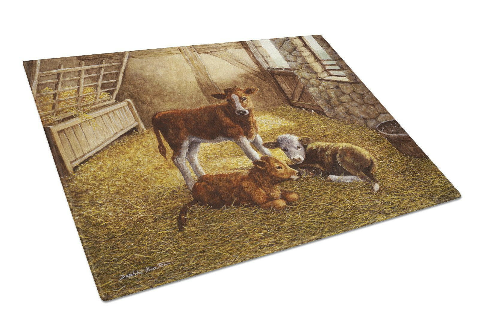 Cows Calves in the Barn Cutting Board Tempered Glass Kitchen Cutting Surface, Heat Resistant Chopping, Non-Slip Feet, Food Prep & Serving