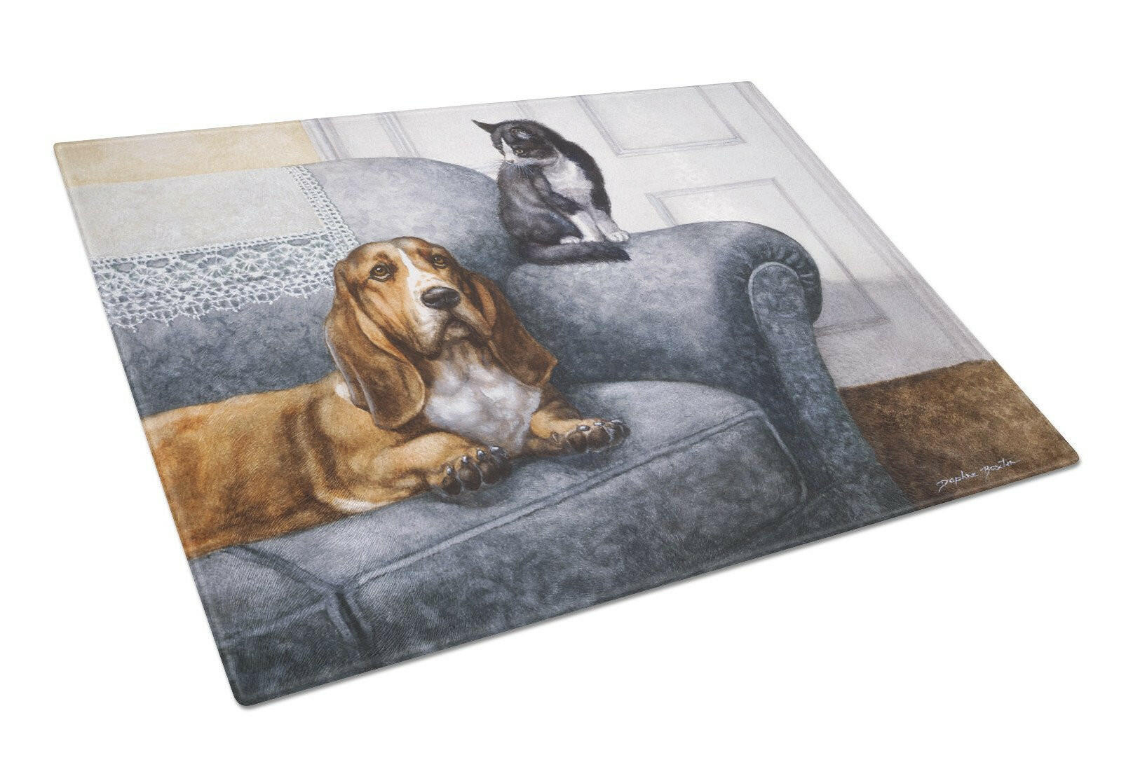Basset Hound and Cat on couch Cutting Board Tempered Glass Kitchen Cutting Surface, Heat Resistant Chopping, Non-Slip Feet, Food Prep & Serving
