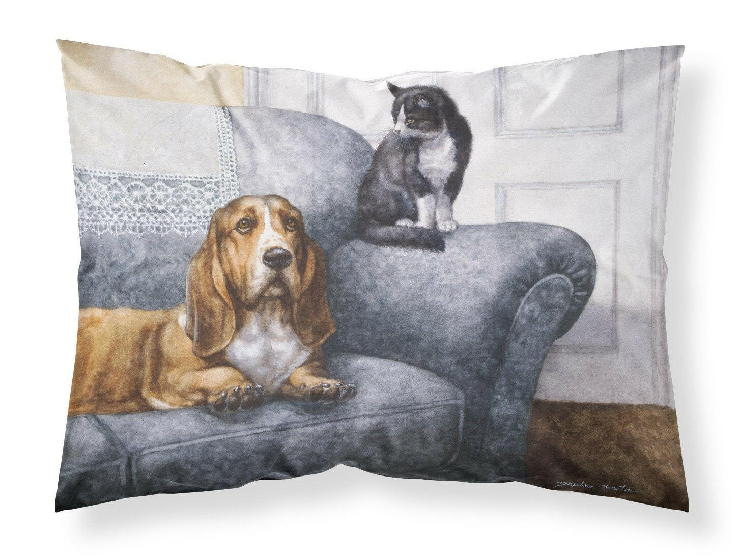 Basset Hound and Cat on couch Standard Pillowcase Lightweight Super Soft Easy Care Decorative Artwork Pillowcase, Standard