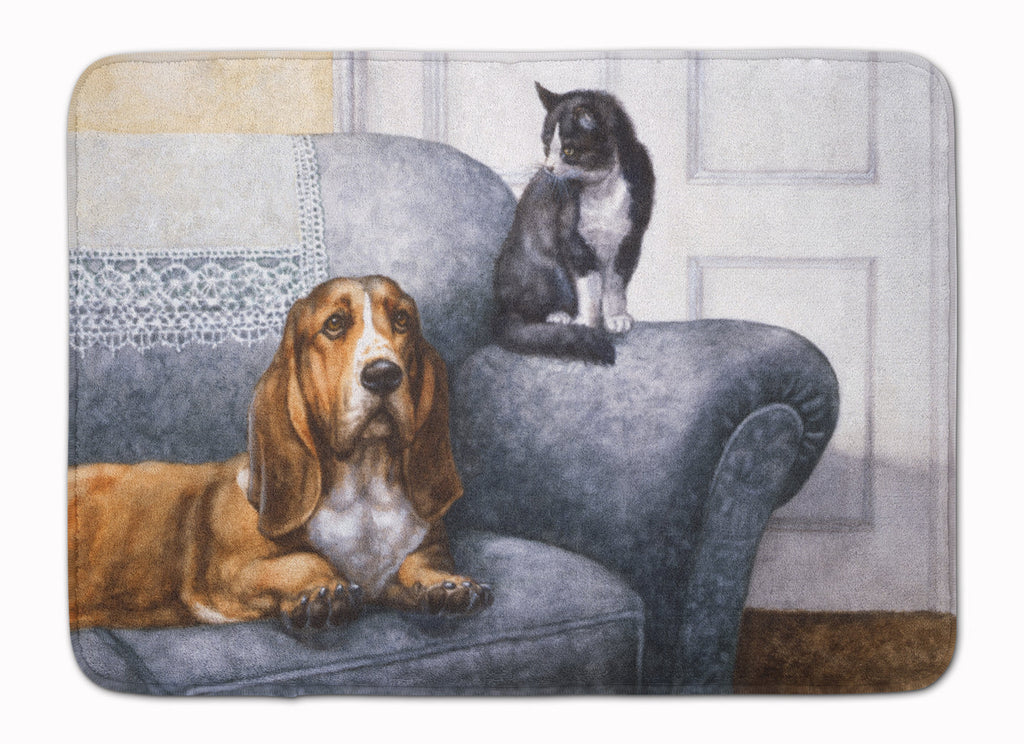 Basset Hound and Cat on couch Memory Foam Kitchen Mat Machine Washable Anti-Fatigue Cushion Comfort Bath or Kitchen Rug