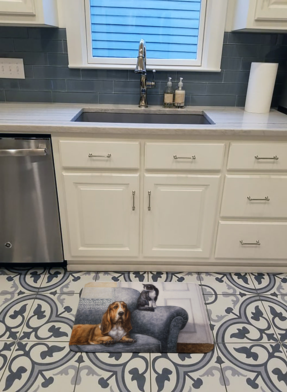 Basset Hound and Cat on couch Memory Foam Kitchen Mat Machine Washable Anti-Fatigue Cushion Comfort Bath or Kitchen Rug