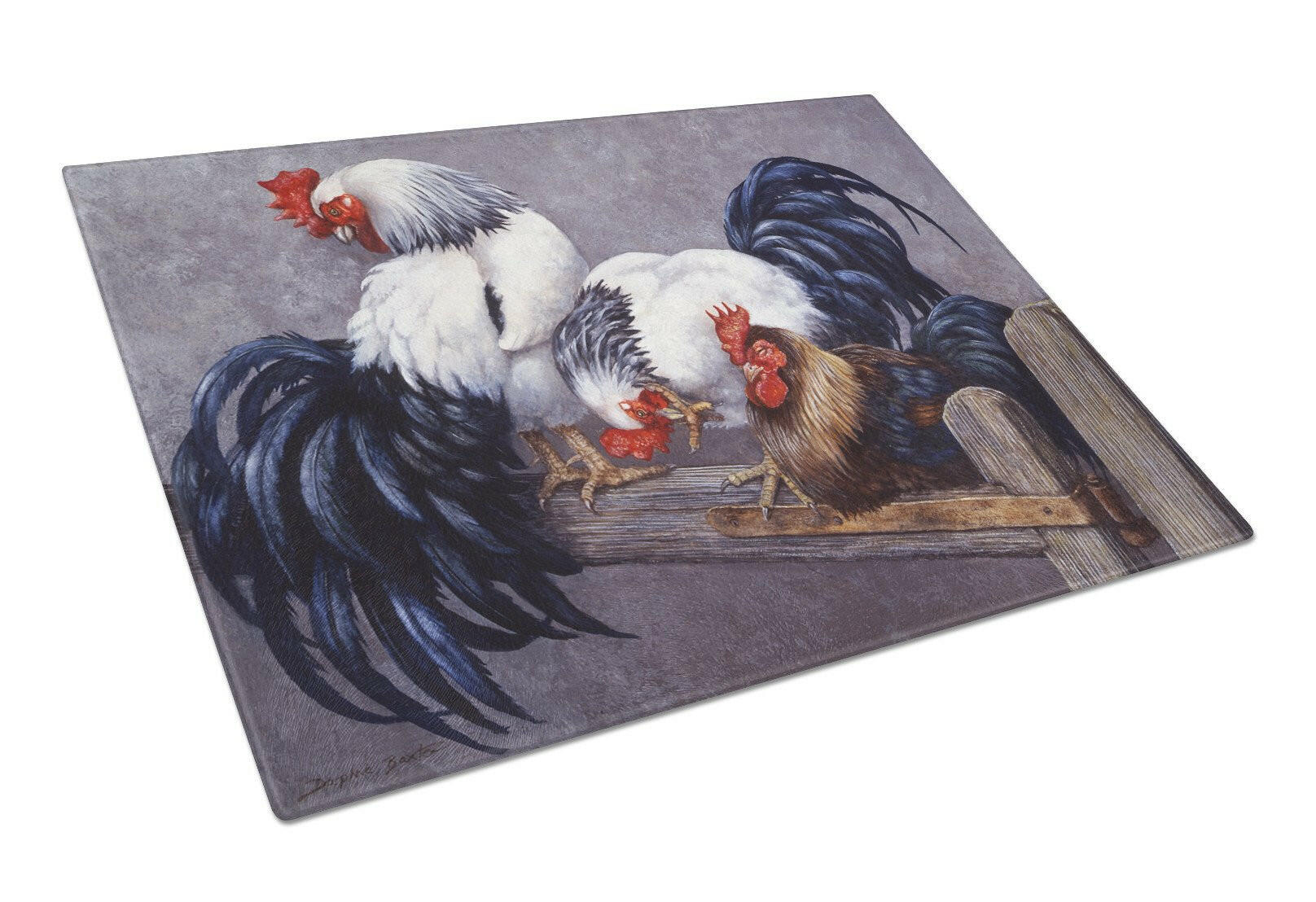 Roosters Roosting Cutting Board Tempered Glass Kitchen Cutting Surface, Heat Resistant Chopping, Non-Slip Feet, Food Prep & Serving