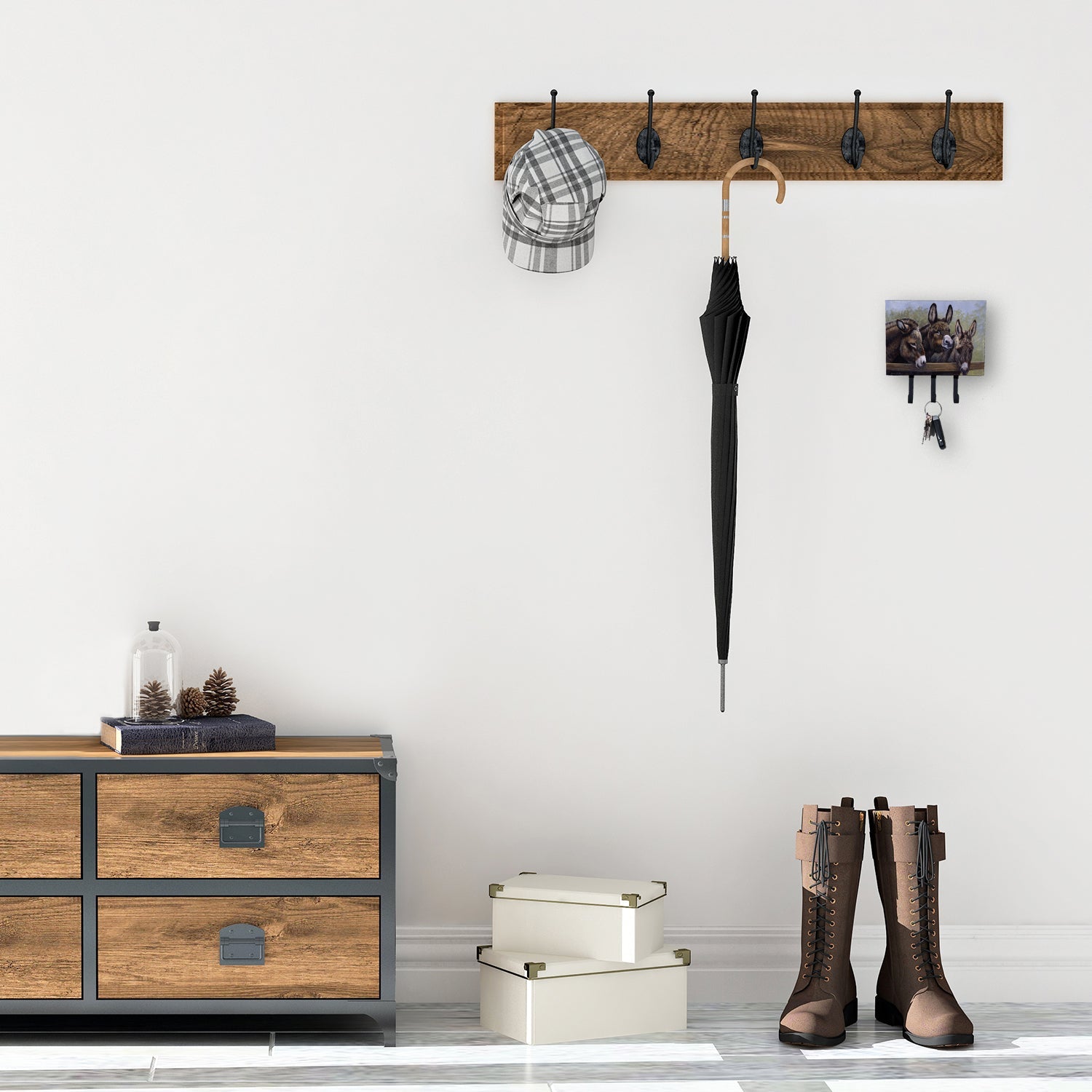 Donkeys by Daphne Baxter Leash or Key Holder Wall Hooks, Coat Rack Wall Mount, for Hanging Keys, Towels, Aprons, Leashes