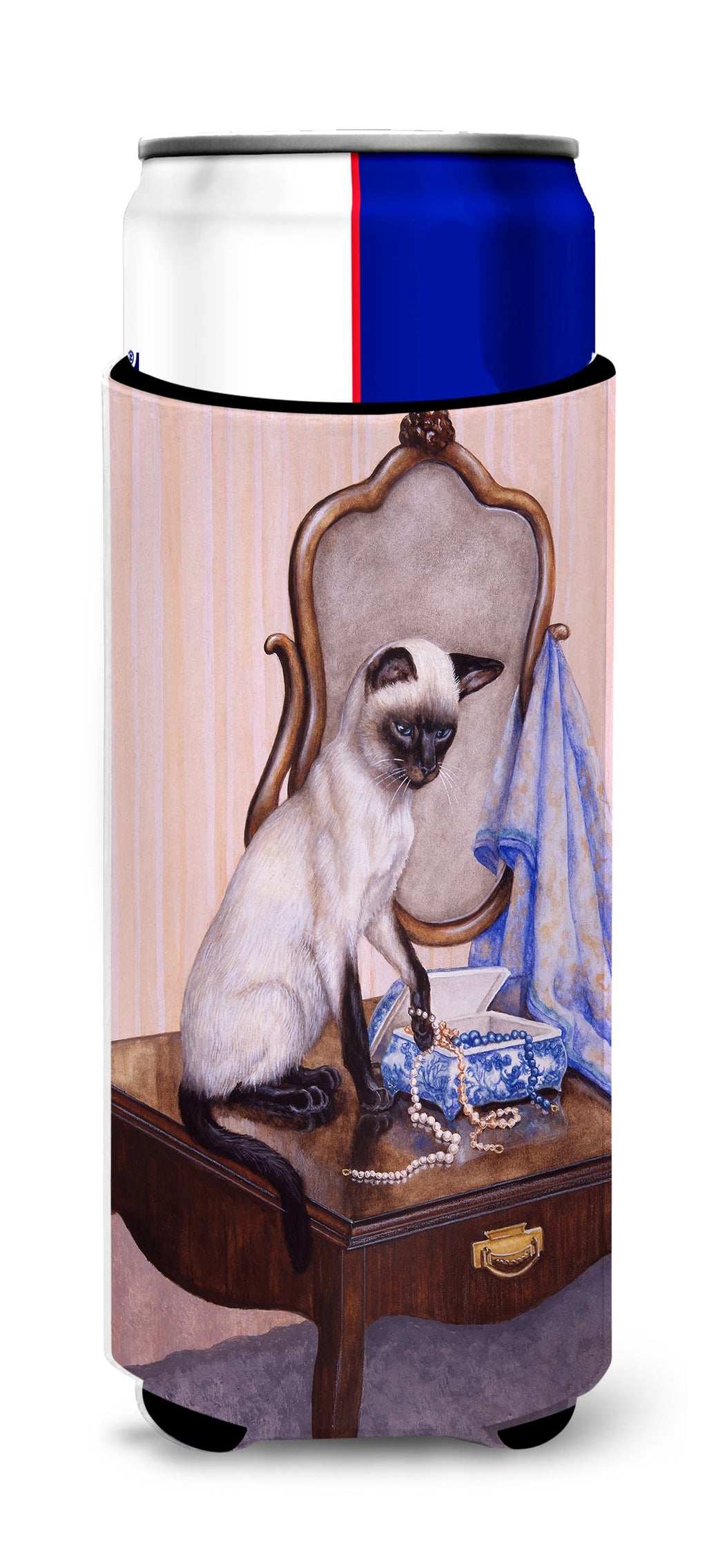 On The Dresser Siamese cat Slim Can Hugger , Insulated Foam Hugger for 12 oz Slim Cans, Beer Bottles & Water Bottles, Printed in USA