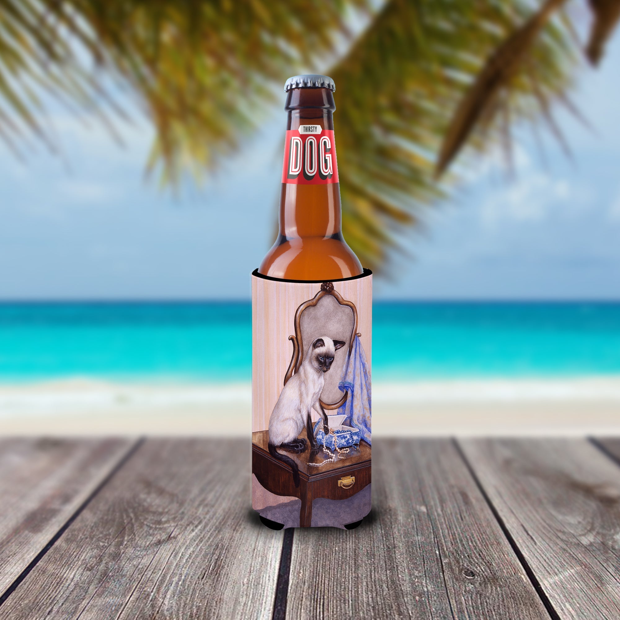 On The Dresser Siamese cat Slim Can Hugger , Insulated Foam Hugger for 12 oz Slim Cans, Beer Bottles & Water Bottles, Printed in USA
