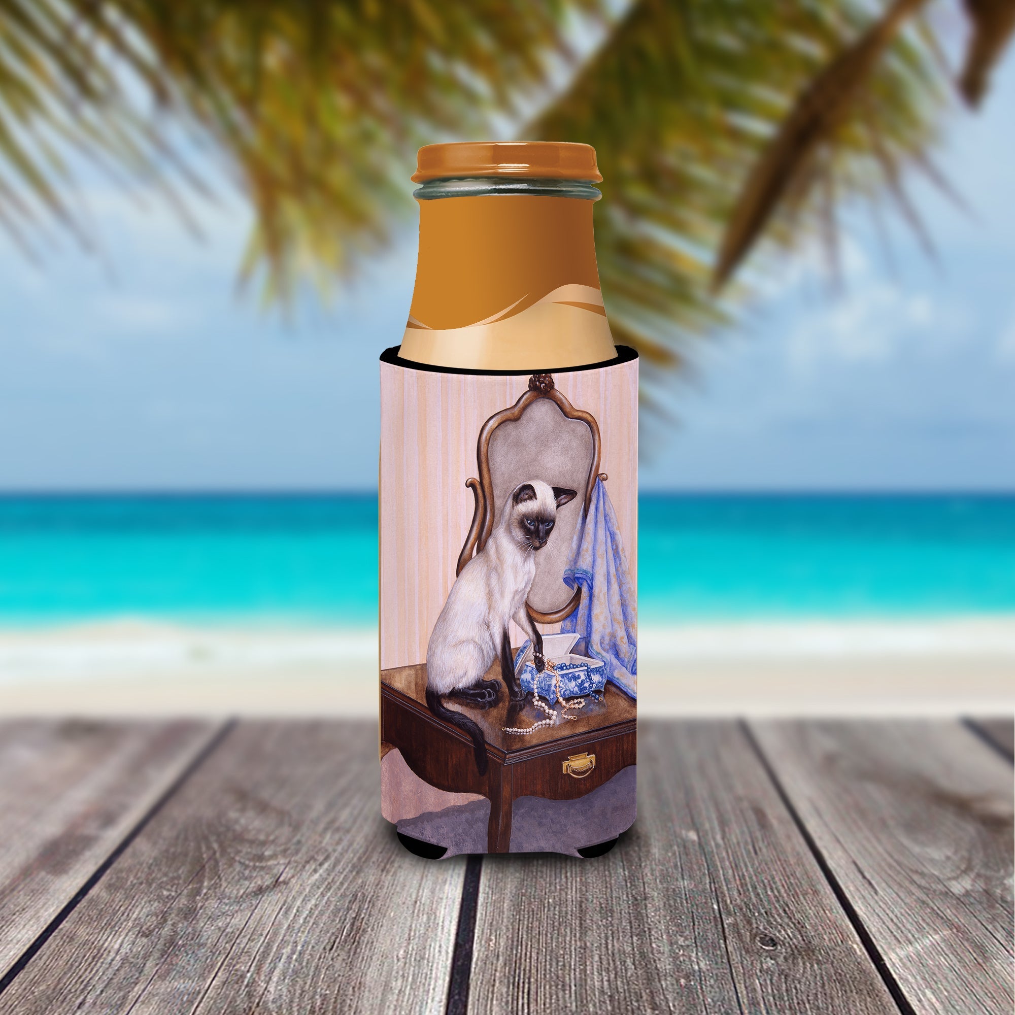 On The Dresser Siamese cat Slim Can Hugger , Insulated Foam Hugger for 12 oz Slim Cans, Beer Bottles & Water Bottles, Printed in USA