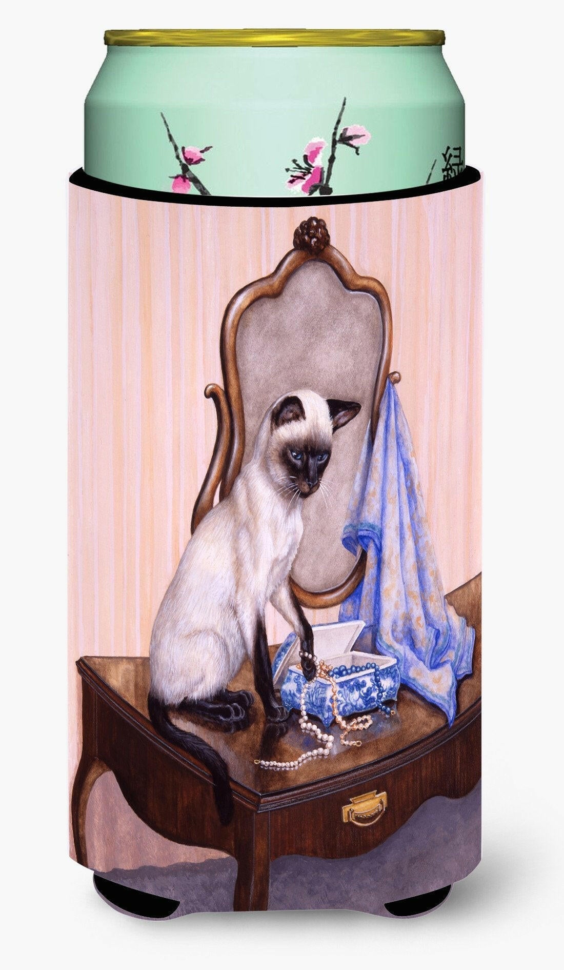 On The Dresser Siamese cat Tall Boy Hugger Can Cooler Sleeve Machine Washable Drink Collapsible Insulator Beverage Insulated Holder