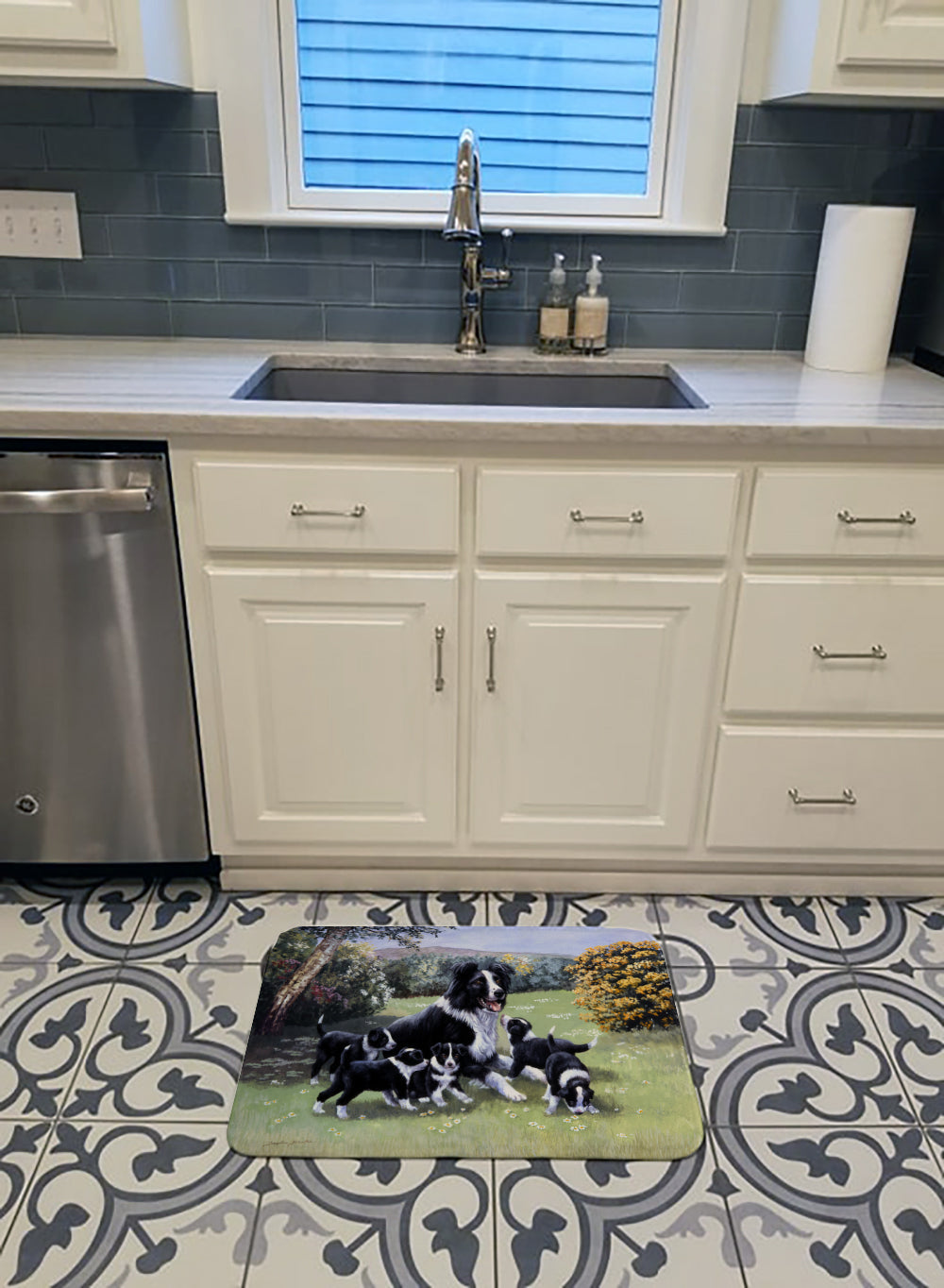 Border Collie Puppies with Momma Memory Foam Kitchen Mat Machine Washable Anti-Fatigue Cushion Comfort Bath or Kitchen Rug