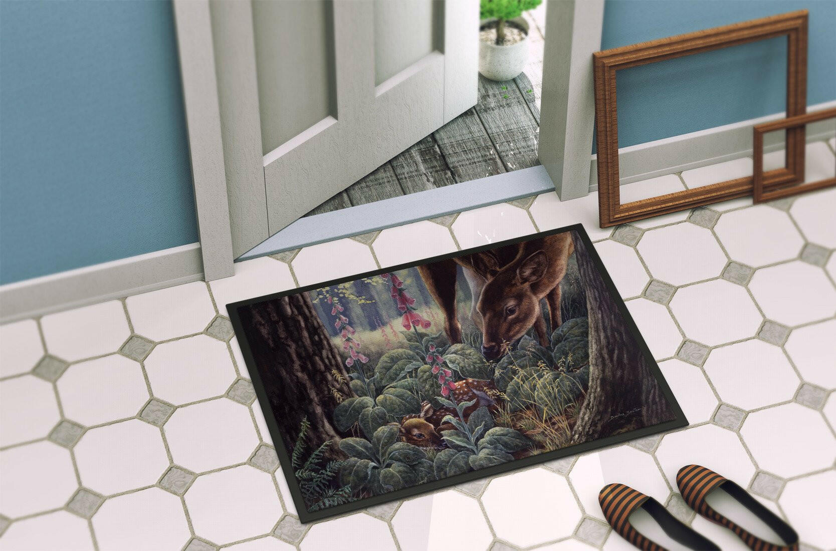 Doe and Fawn Deer Doormat Indoor Outdoor 24H X 36W Front Door Mat Rugs for Entryway, Non Slip Washable Low Pile,