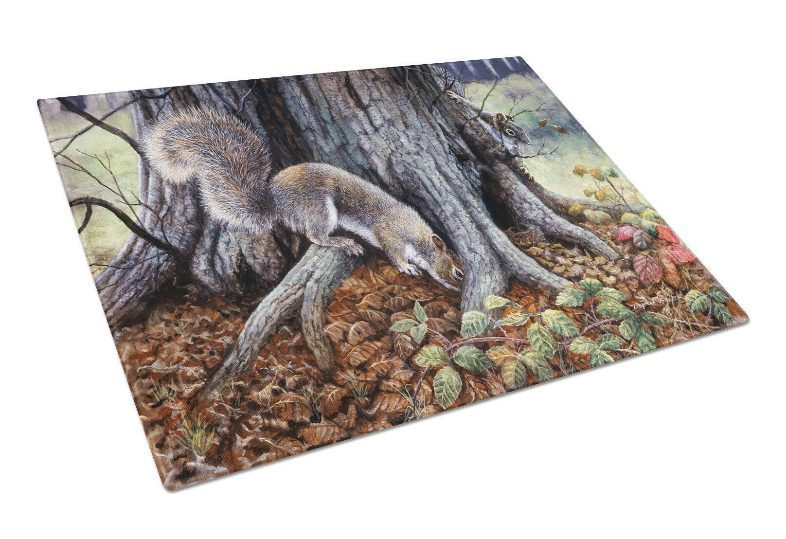 Grey Squirrels around the Tree Cutting Board Tempered Glass Kitchen Cutting Surface, Heat Resistant Chopping, Non-Slip Feet, Food Prep & Serving