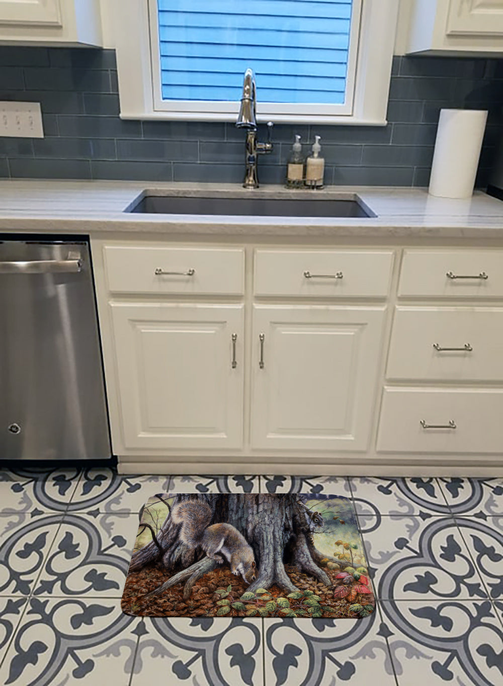 Grey Squirrels around the Tree Memory Foam Kitchen Mat Machine Washable Anti-Fatigue Cushion Comfort Bath or Kitchen Rug